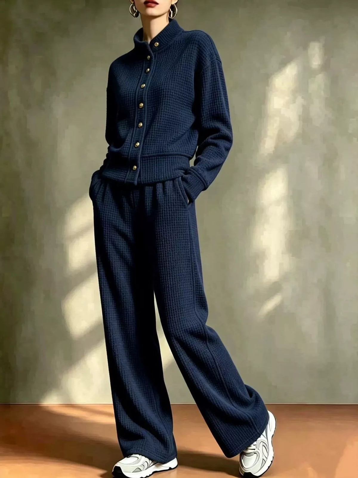 Navy Blue waffle knit button-up outerwear and wide-leg pants set