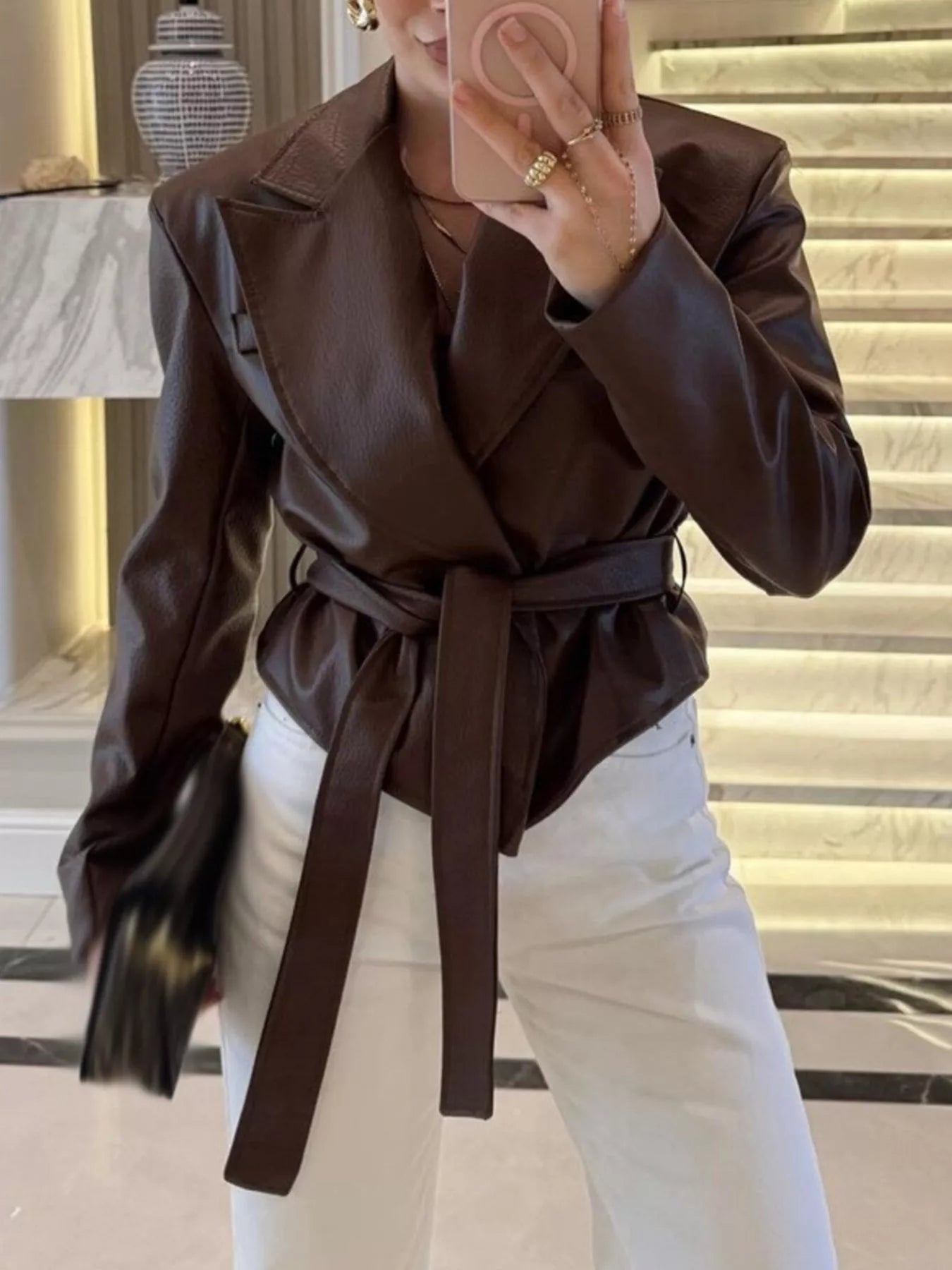 Trendsi Belted Leather Jacket with Shawl Collar -