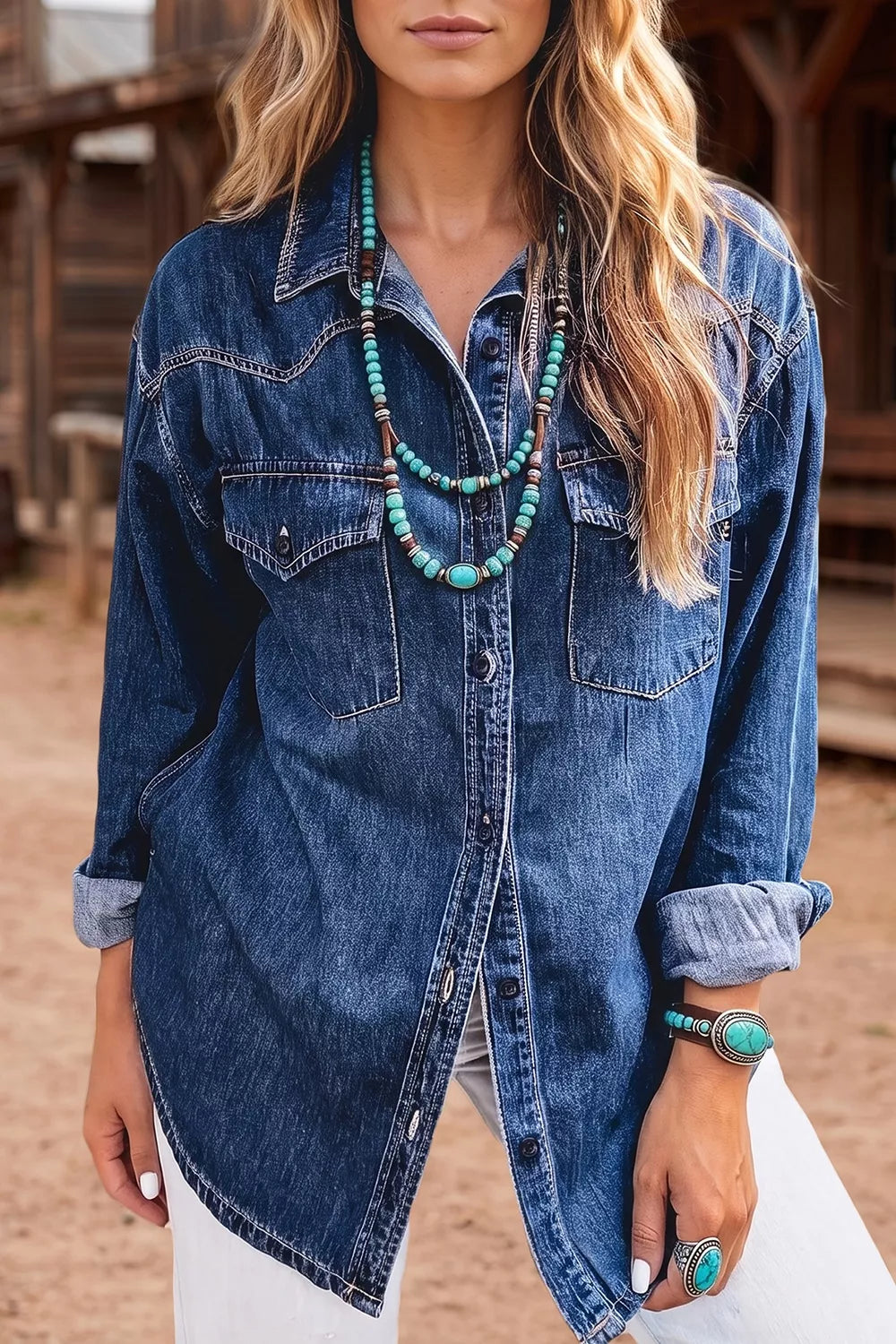Blue western pocket denim tunic shirt, front view