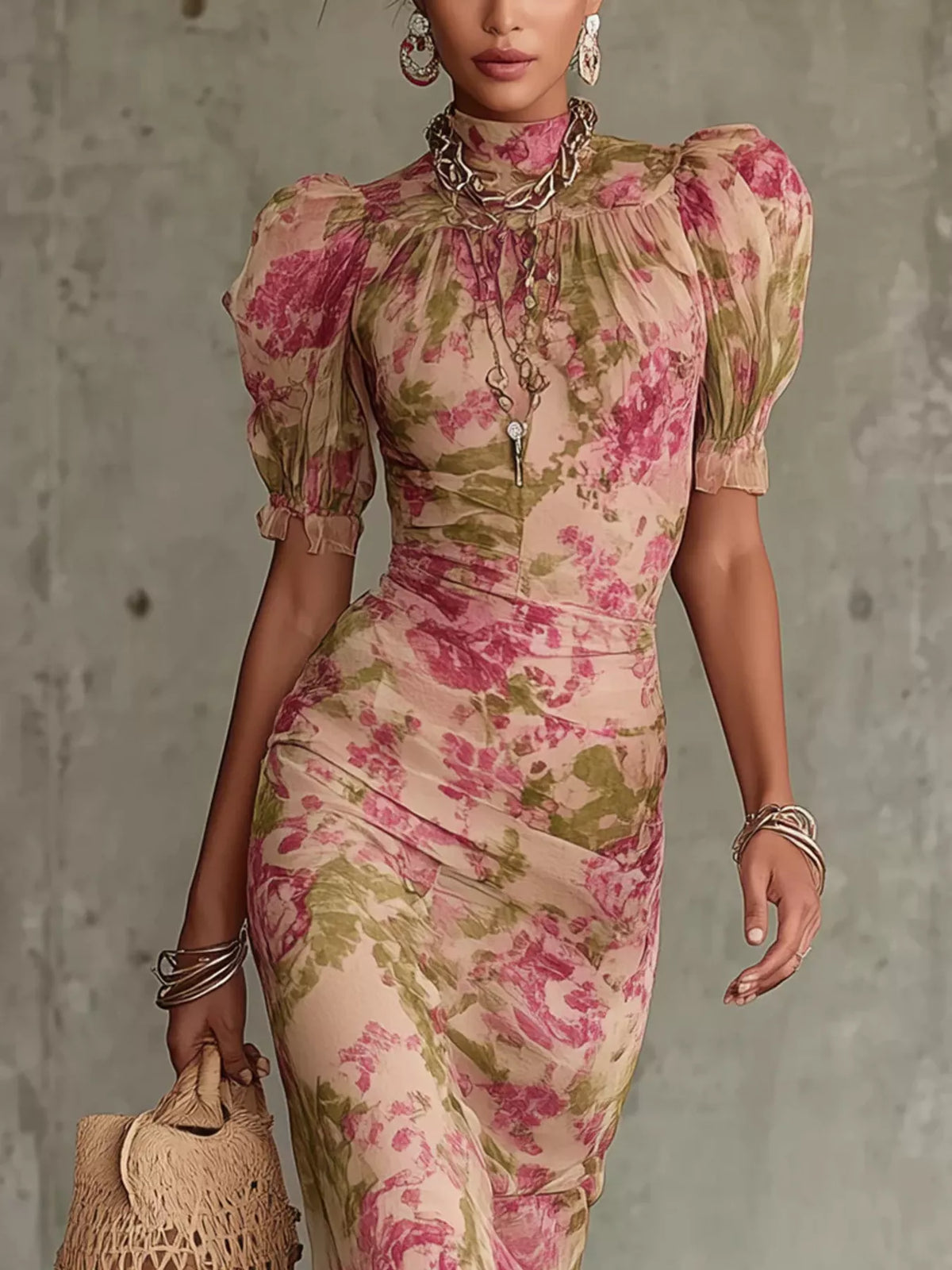 Floral high-neck puff-sleeve ruffle-hem maxi dress