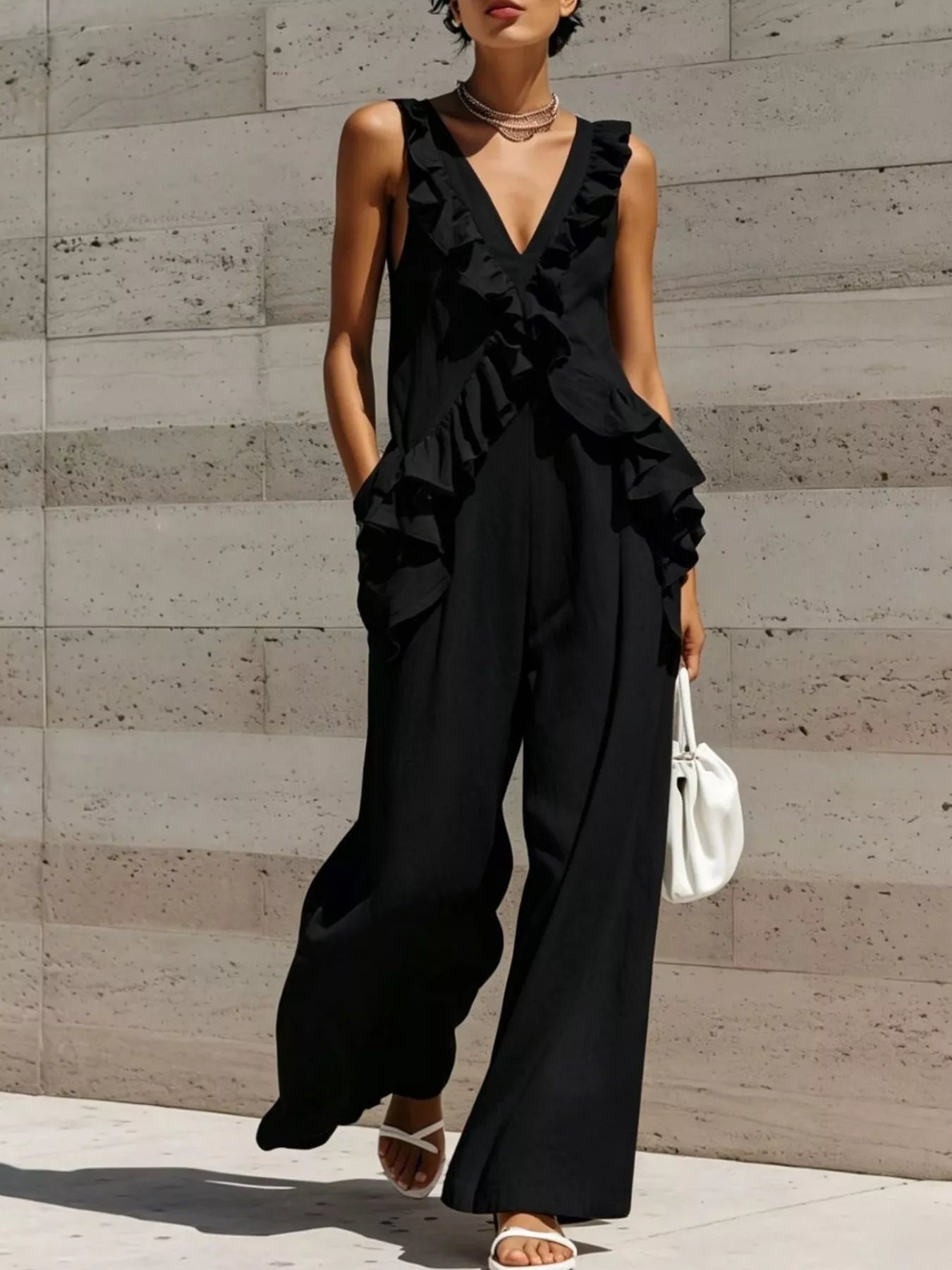 Trendsi Ruffled V-Neck Sleeveless Jumpsuit -