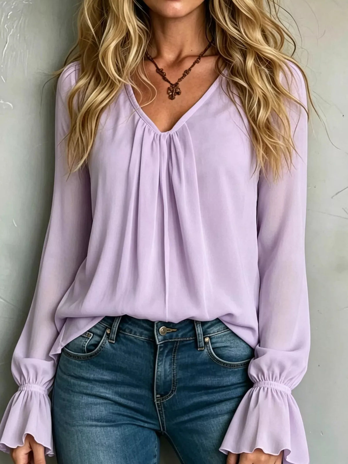Pink Purple V-Neck Flounce Sleeve Blouse front view