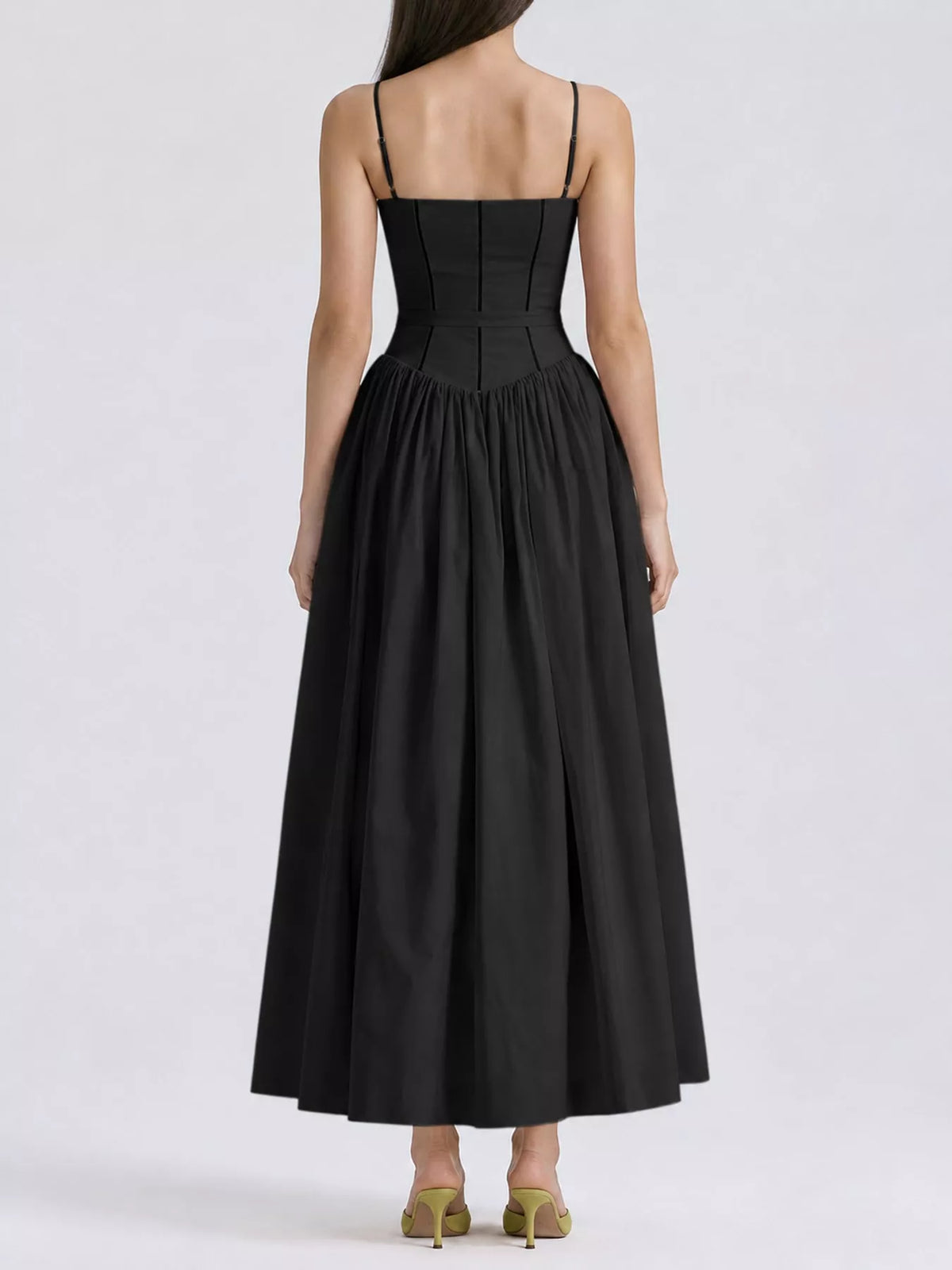 Women's Paneled Bodice Gathered Midi Dress in black — back view