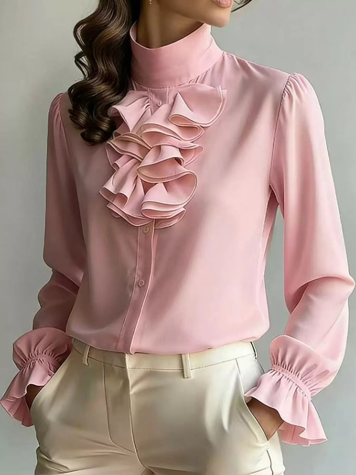 Ruffled Stand-Collar Blouse with Long Lantern Sleeves, front view