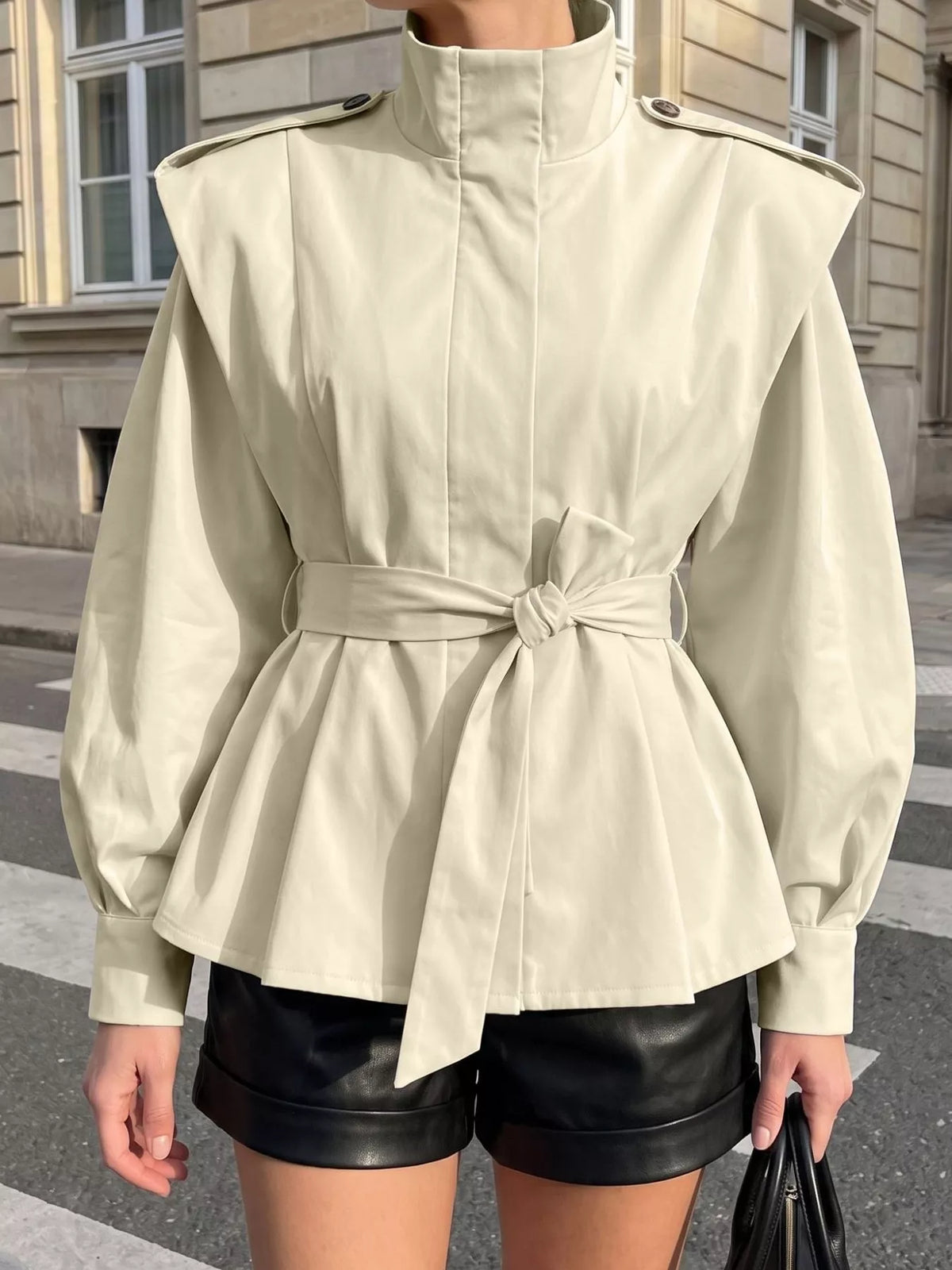 Trendsi Stand-Collar Belted Outerwear -