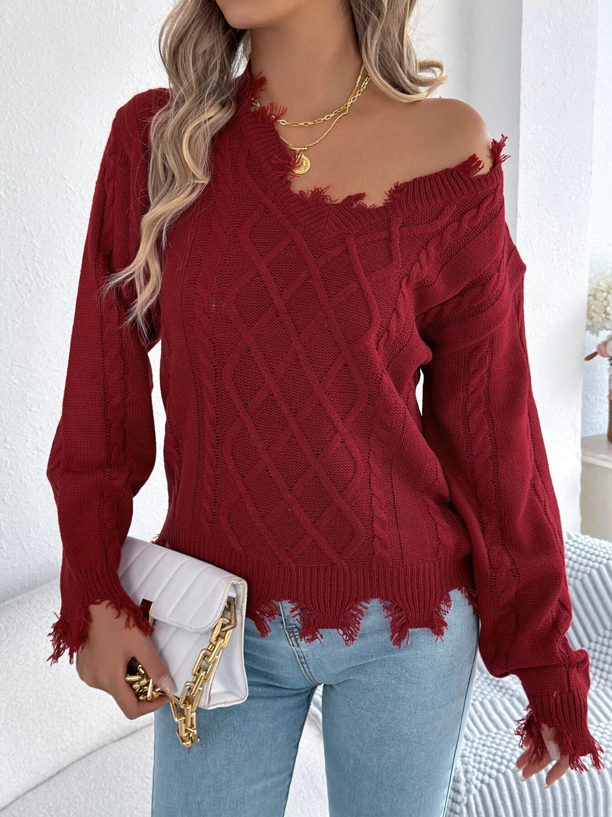 V-Neck Distressed Hem Cable Knit Sweater in burgundy, front view