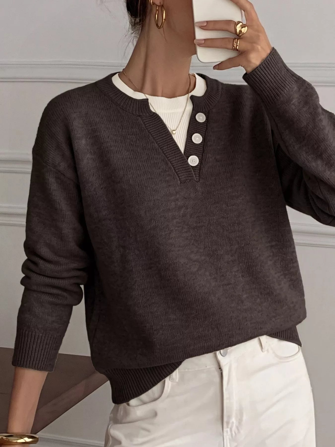 Trendsi Decor Button-Placket Ribbed Knit Sweater -