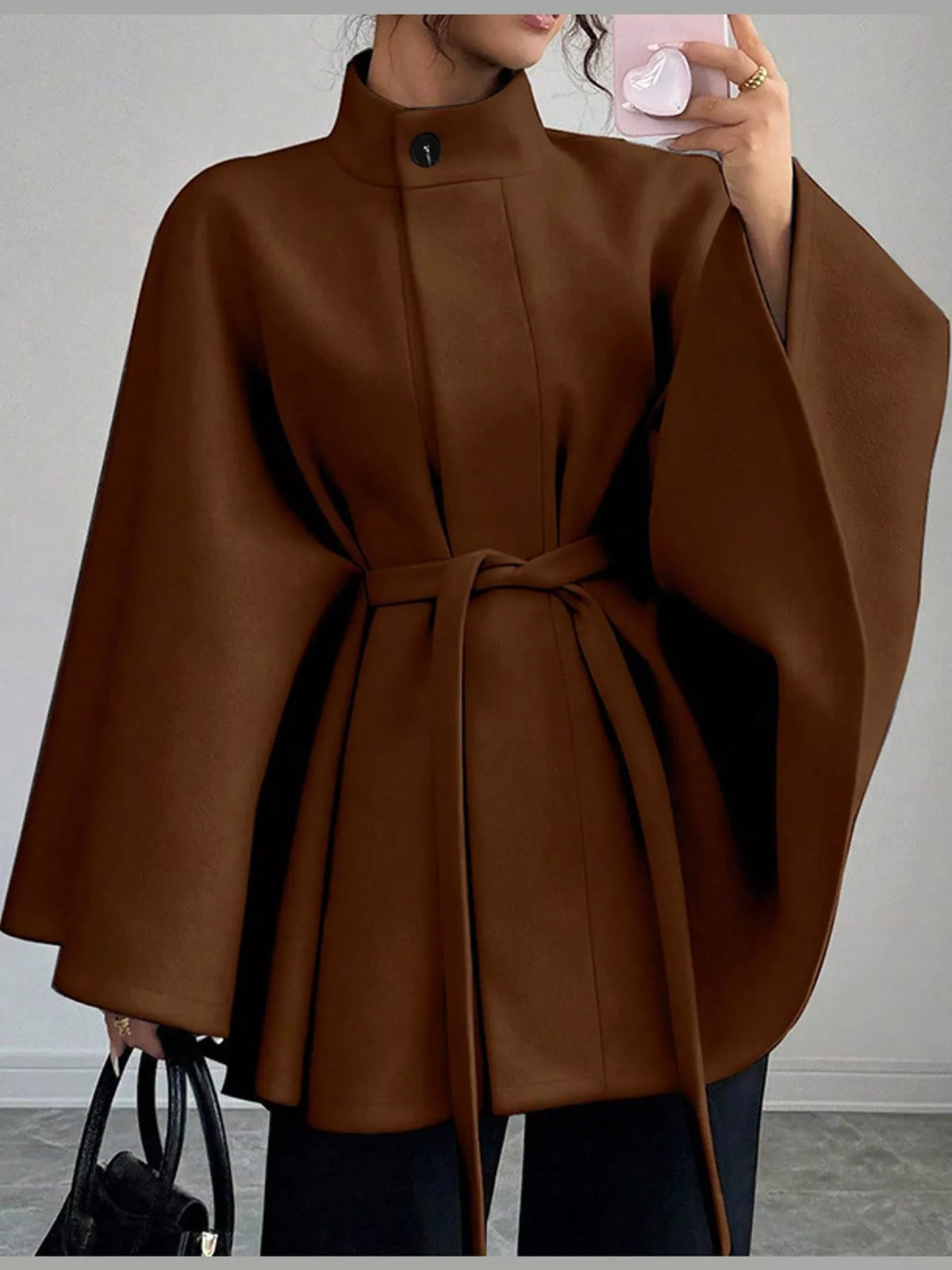 Brown tie-waist cape — front view