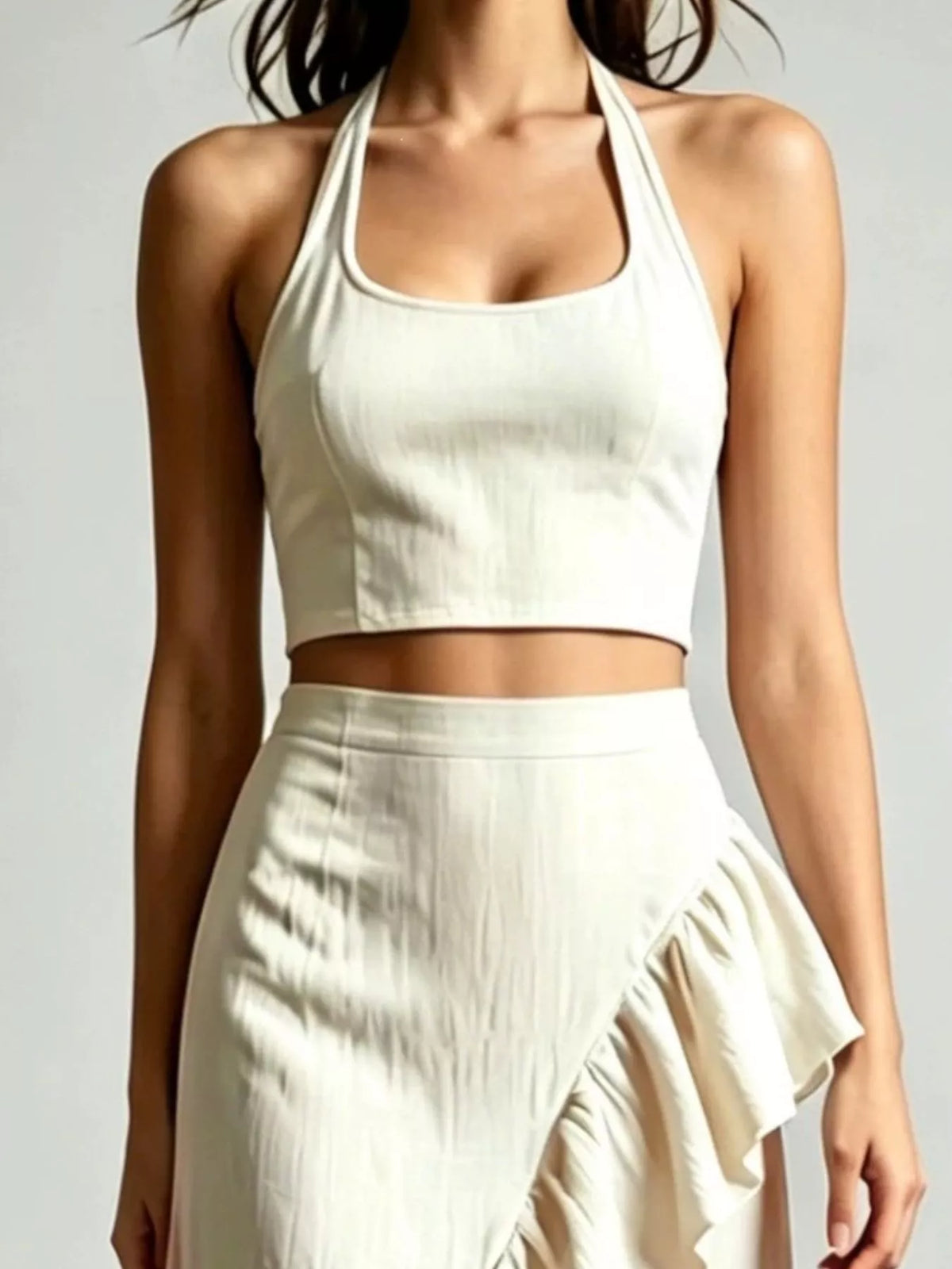 Beige Halter Neck Crop Top and High-Low Maxi Skirt Two-Piece Set detail view