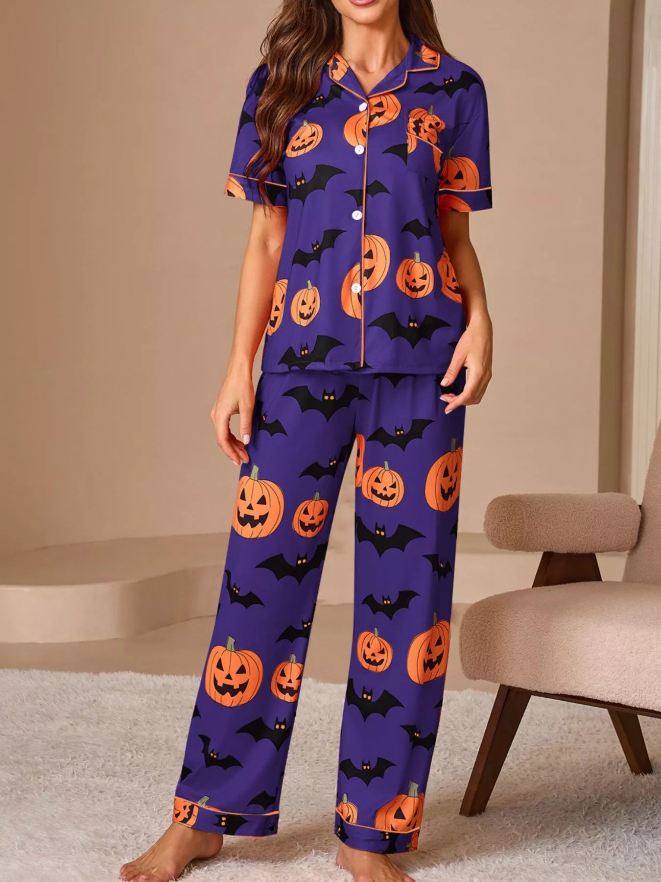 Trendsi Halloween Pumpkin and Bat Print Button-Down Top and Pants Lounge Set -