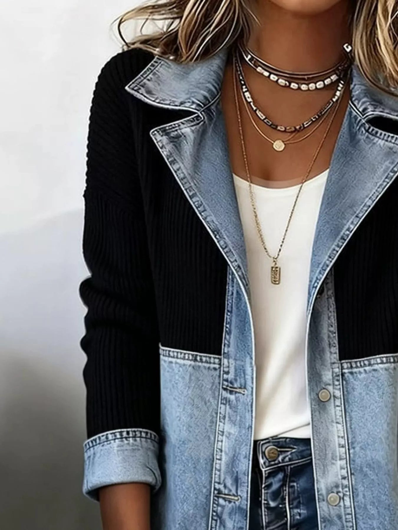 Trendsi Color-Block Denim and Knit Patchwork Casual Jacket -