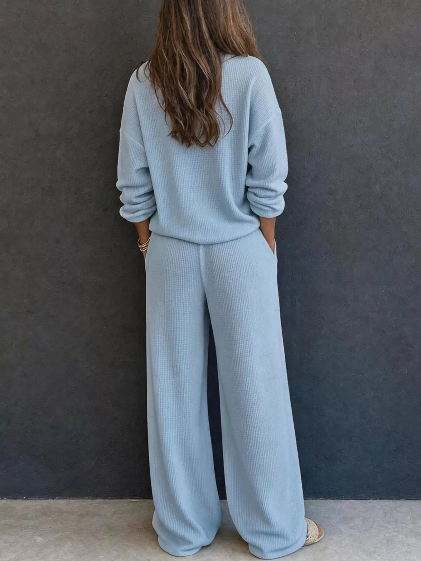 Trendsi Waffle Knit Henley Top and Wide Leg Pants Set -