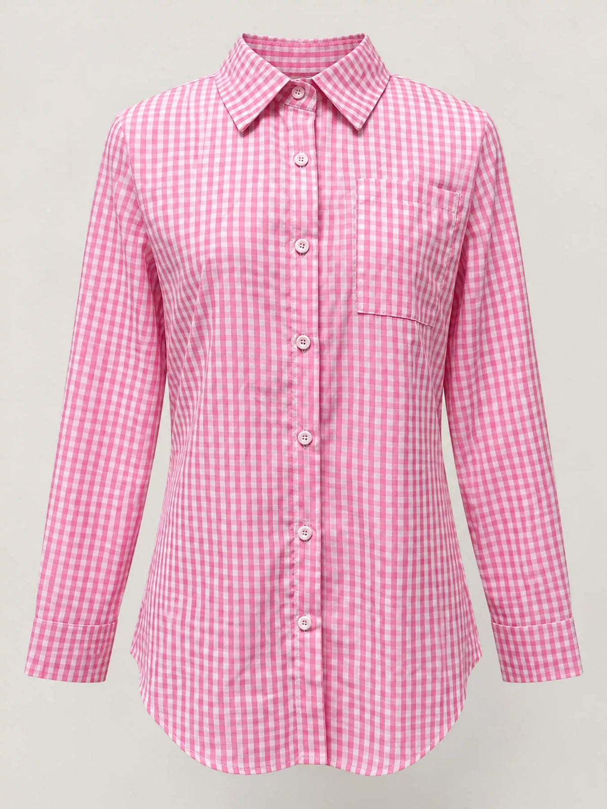 Pink and white plaid button-down shirt