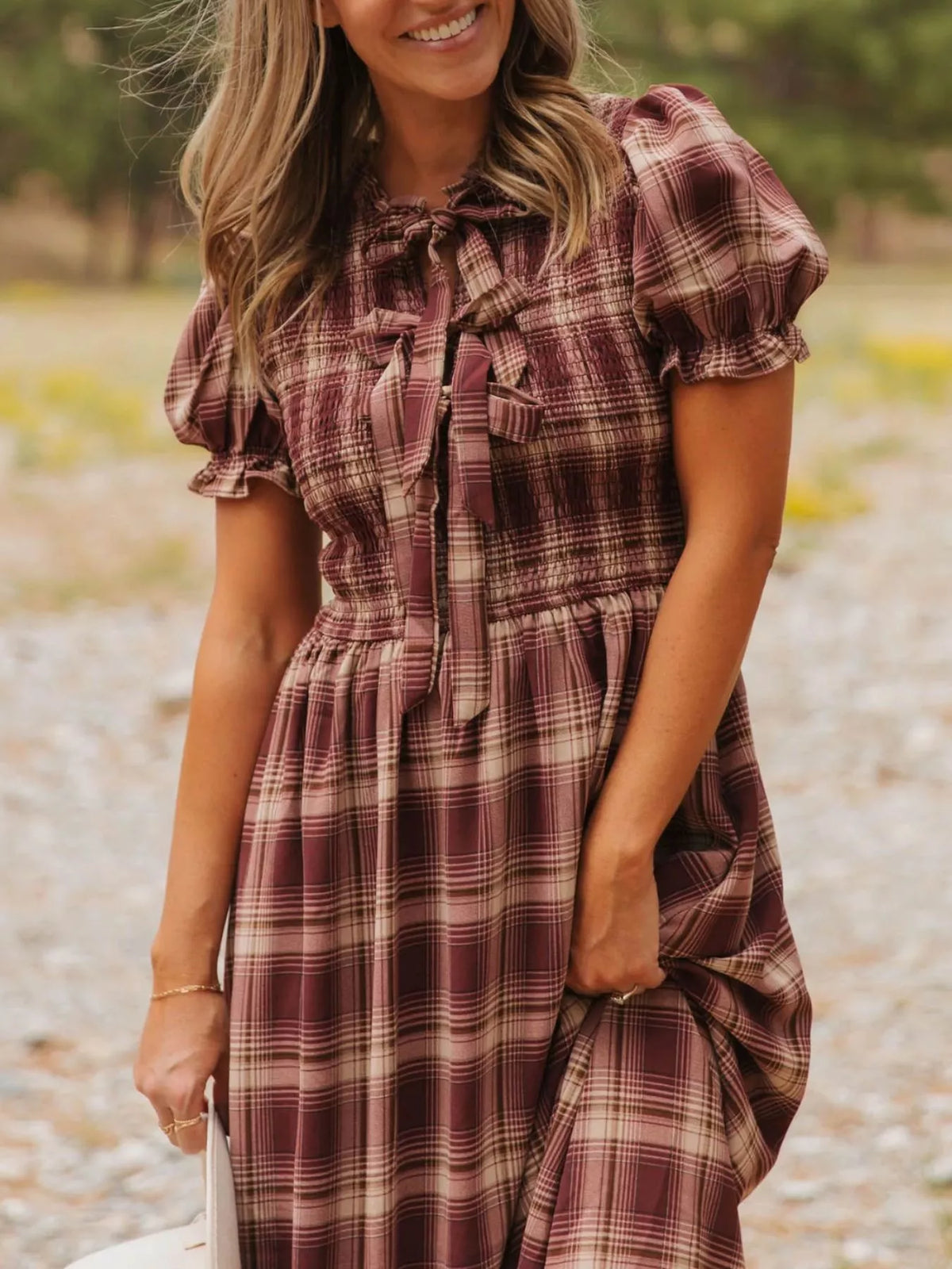 Plaid smocked dress, brown plaid gathered skirt