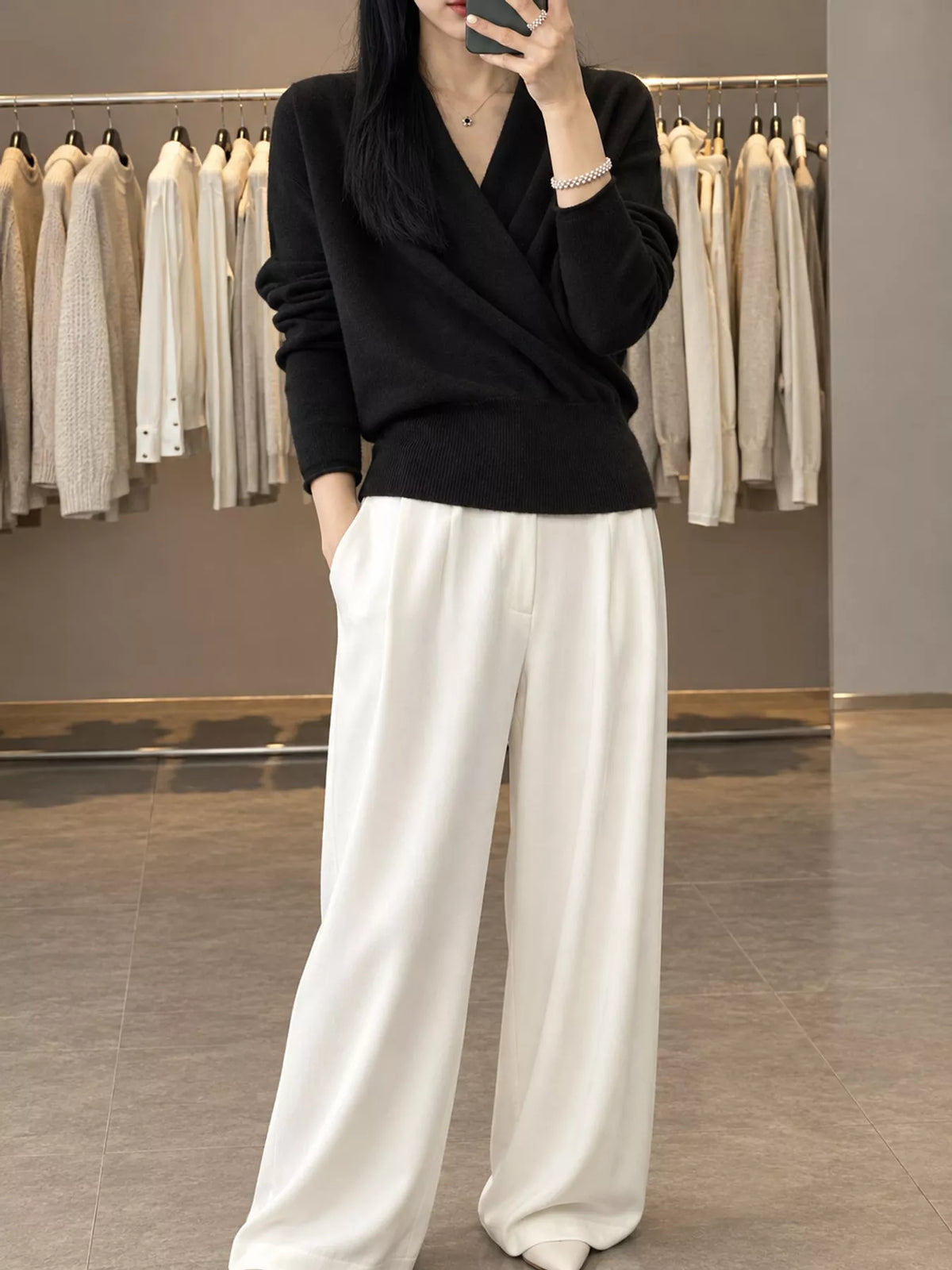 Black wrap-front sweater