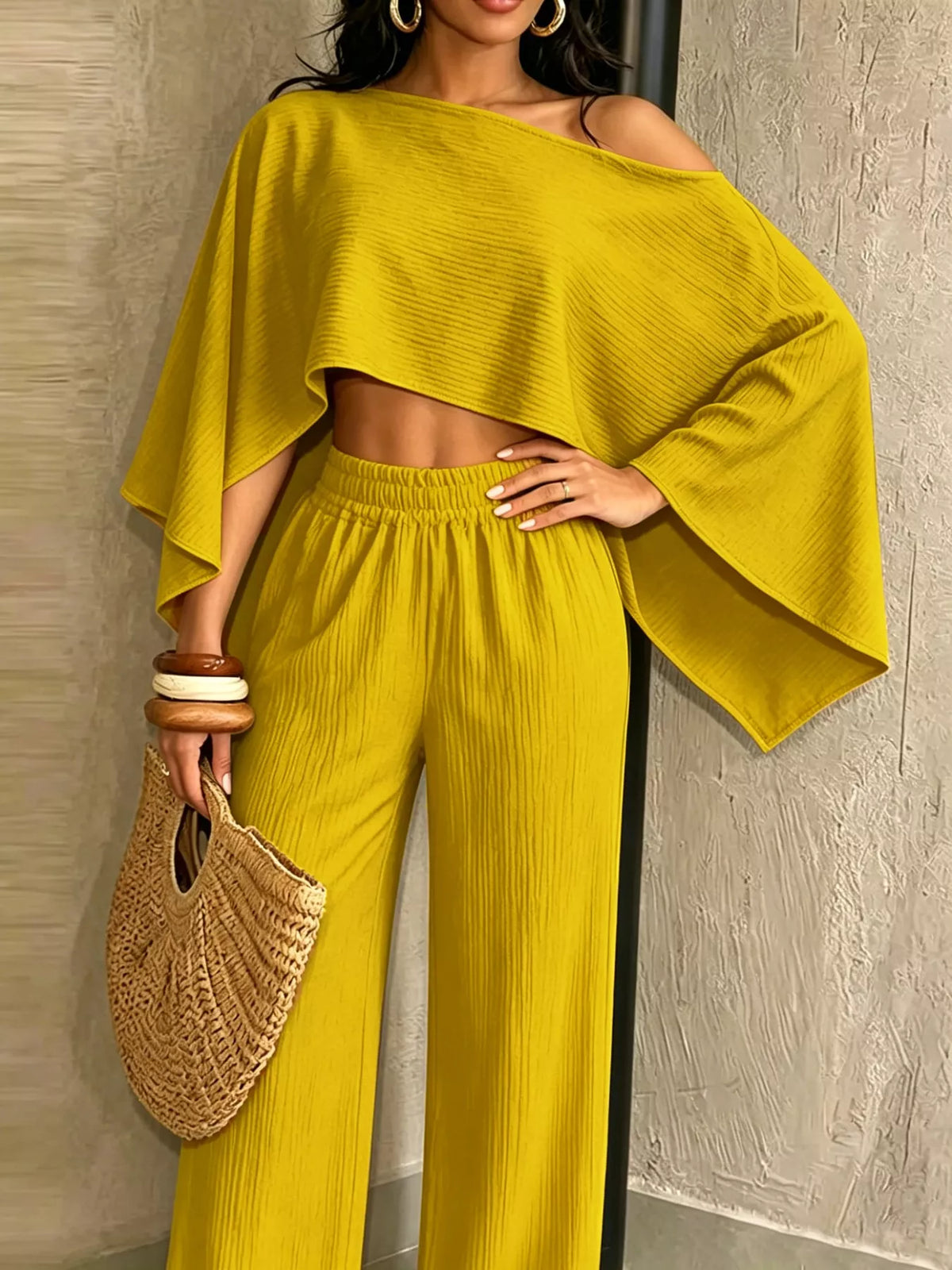 Women's Boat Neck Crop Top and Wide-Leg Pants Set in yellow — front view