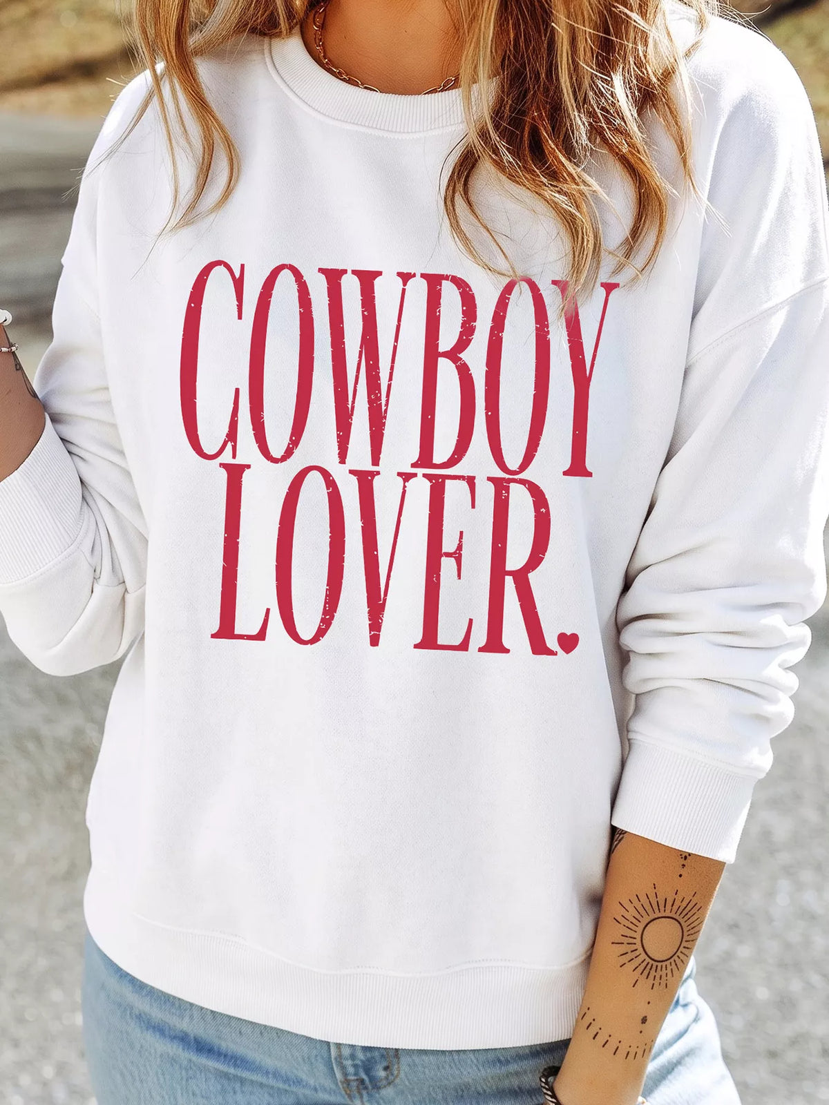 Cowboy Lover Graphic Crewneck Sweatshirt in white, front view