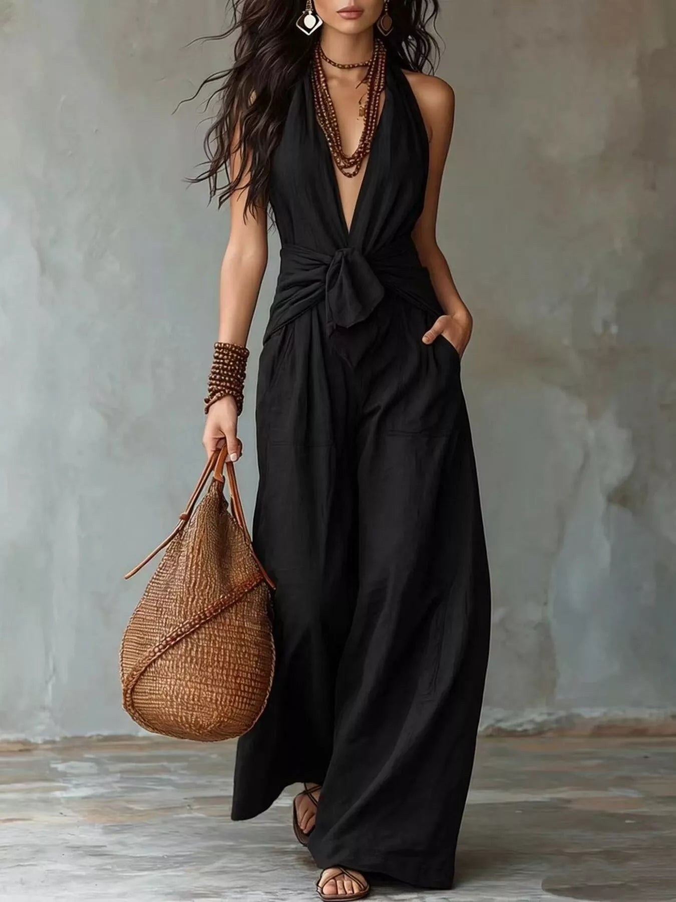 Trendsi Backless Halter Neck Wide Leg Jumpsuit -