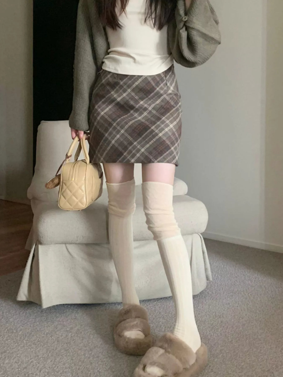 Coffee vintage plaid a-line mini skirt