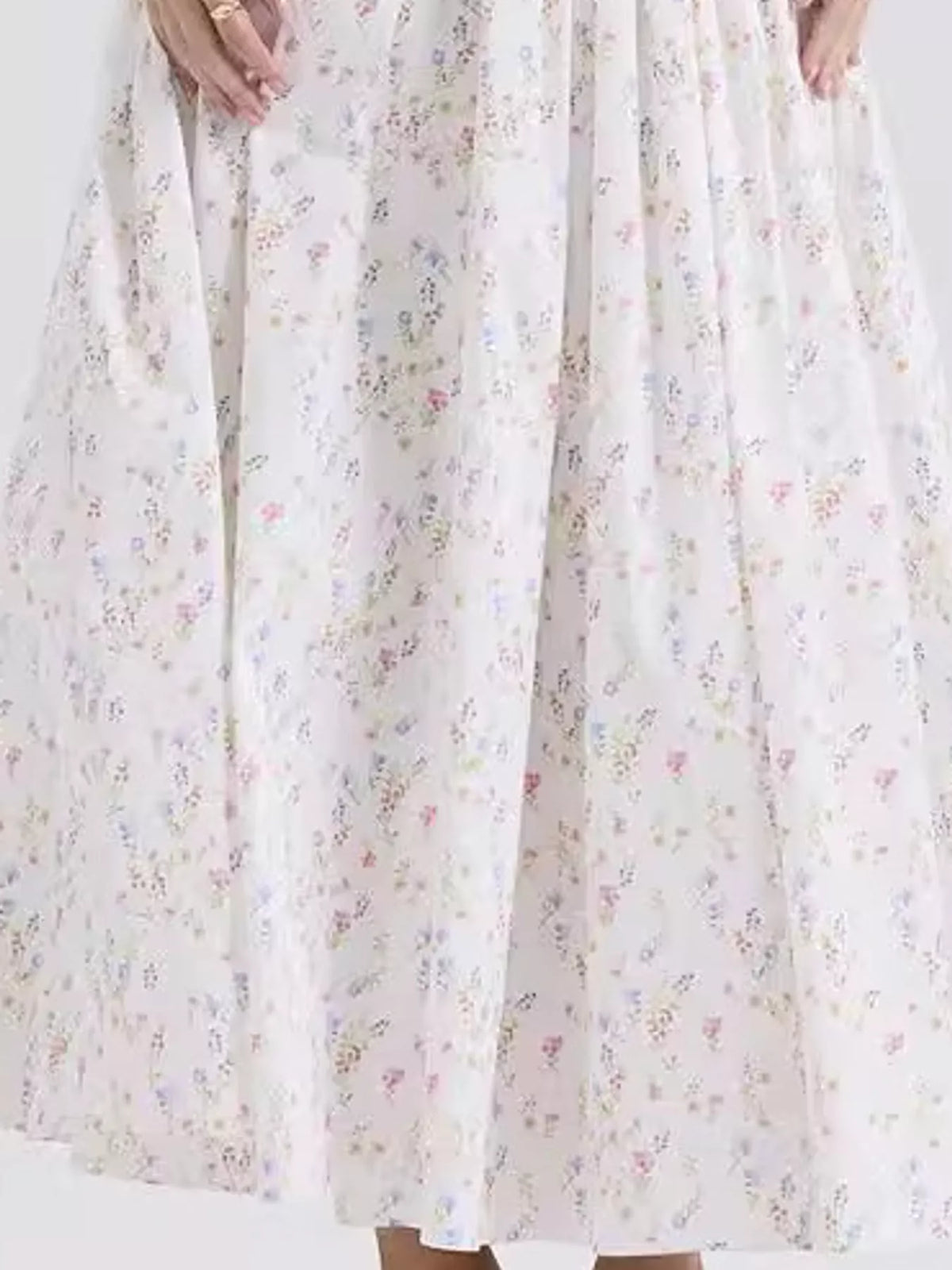 Women's Paneled Bodice Gathered Midi Dress in small floral — print detail view