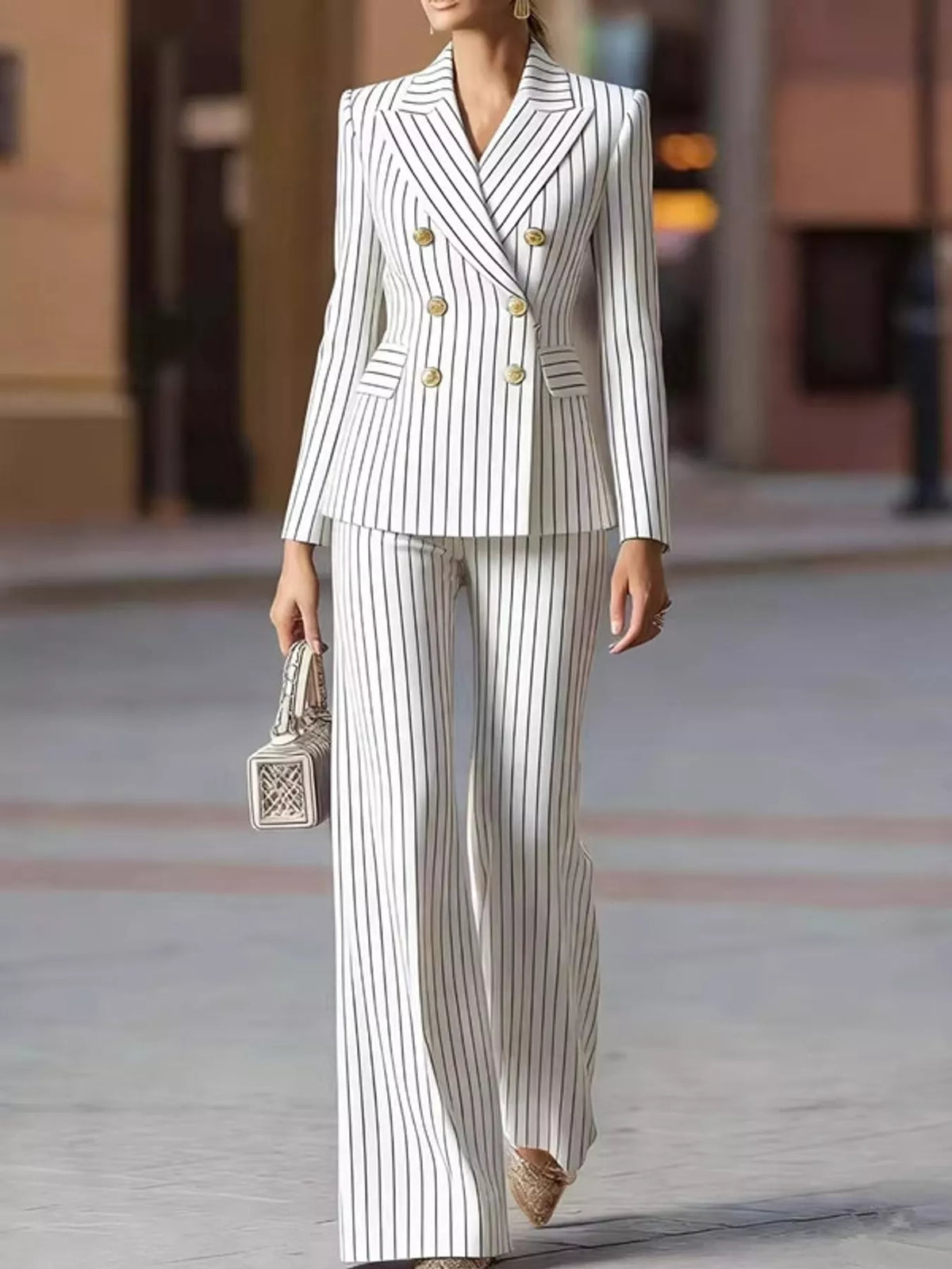 Pinstripe pantsuit, white suit front