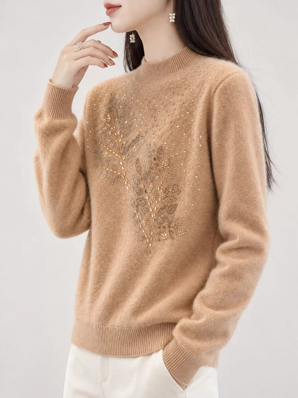 Rhinestone Leaf Mock Neck Sweater — front view