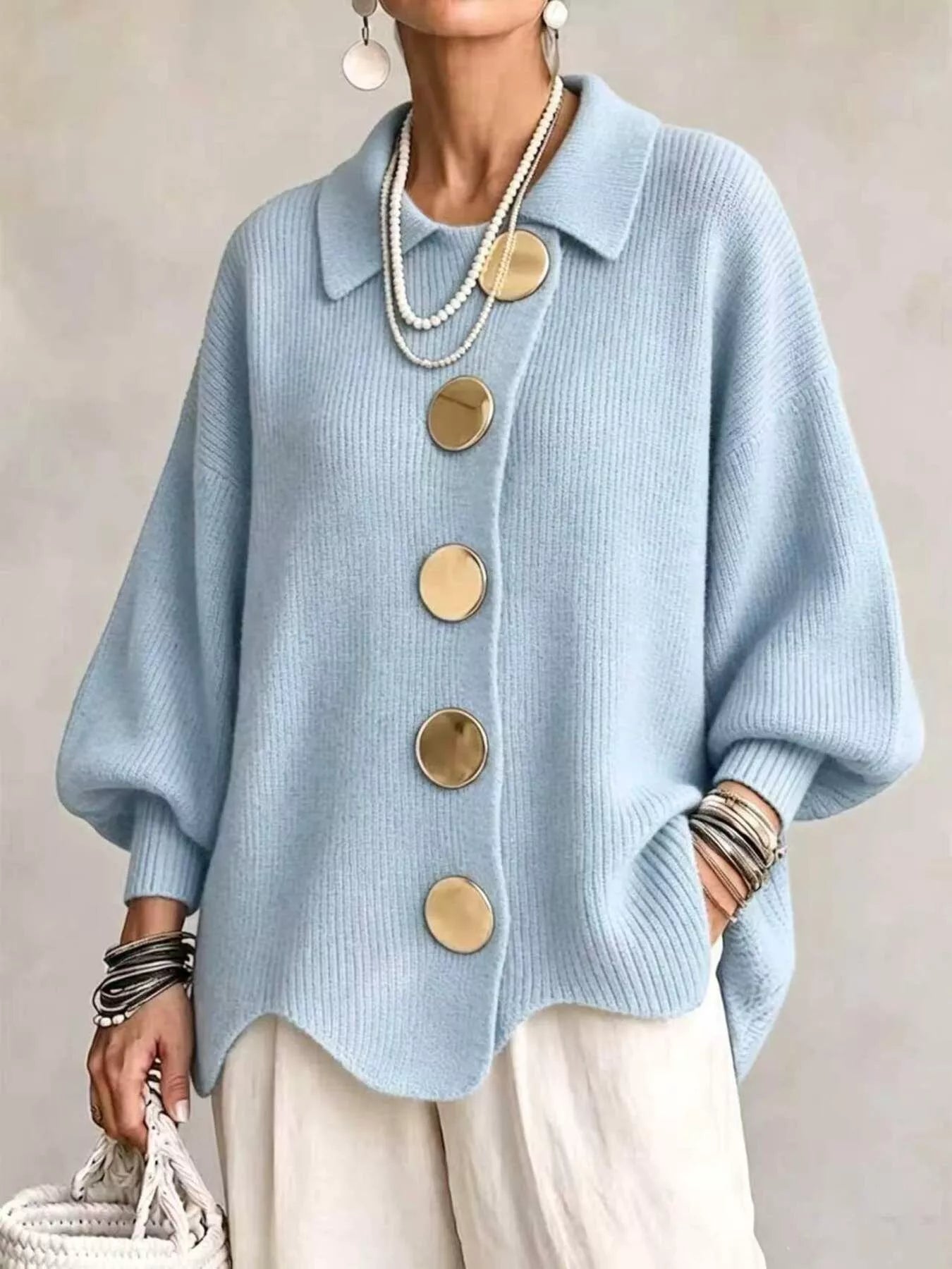 Trendsi Full Size Gold Buttons Lantern Sleeve Cardigan Plus Size -