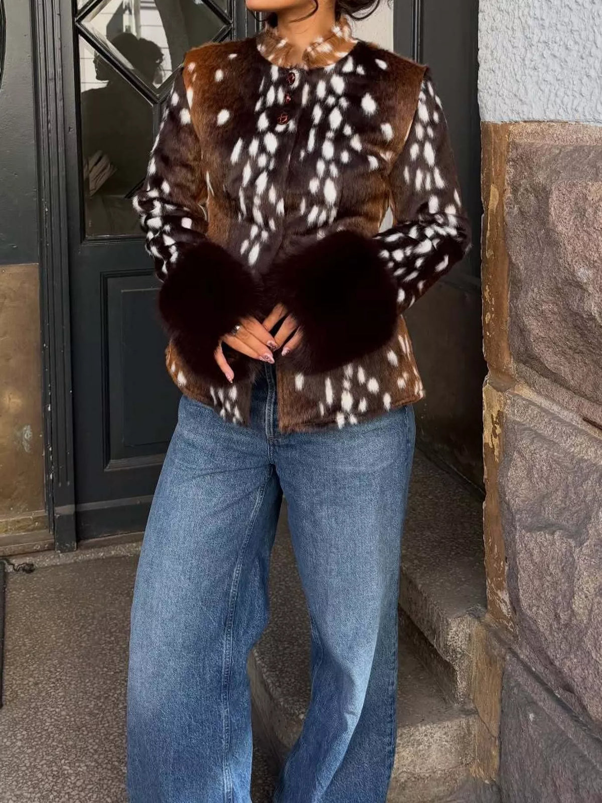 Mock neck long sleeve jacket, front view on model