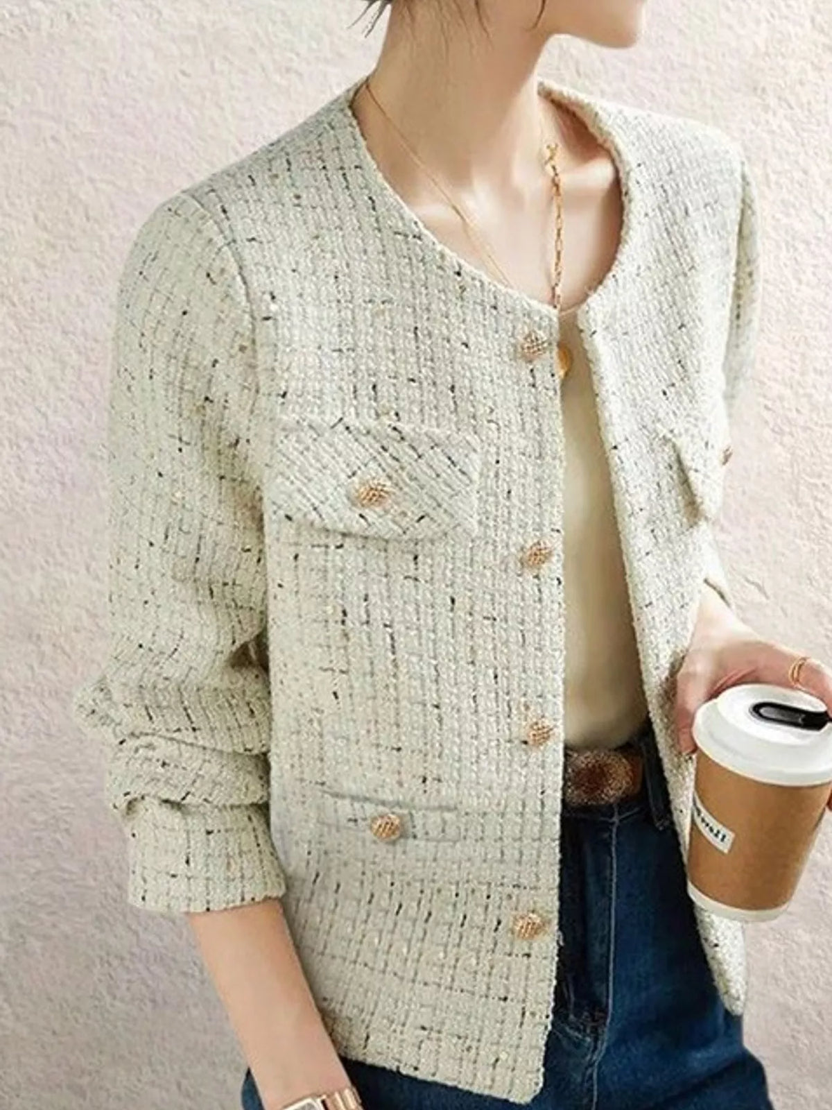 Textured Jacket with Gold-Tone Button Accents in light green