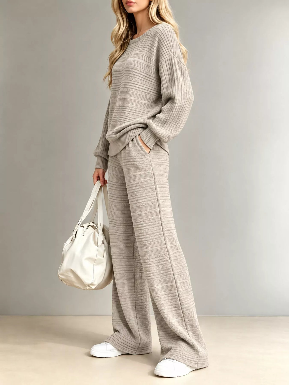 Ribbed Knit Top and Wide-Leg Pants Set — side view