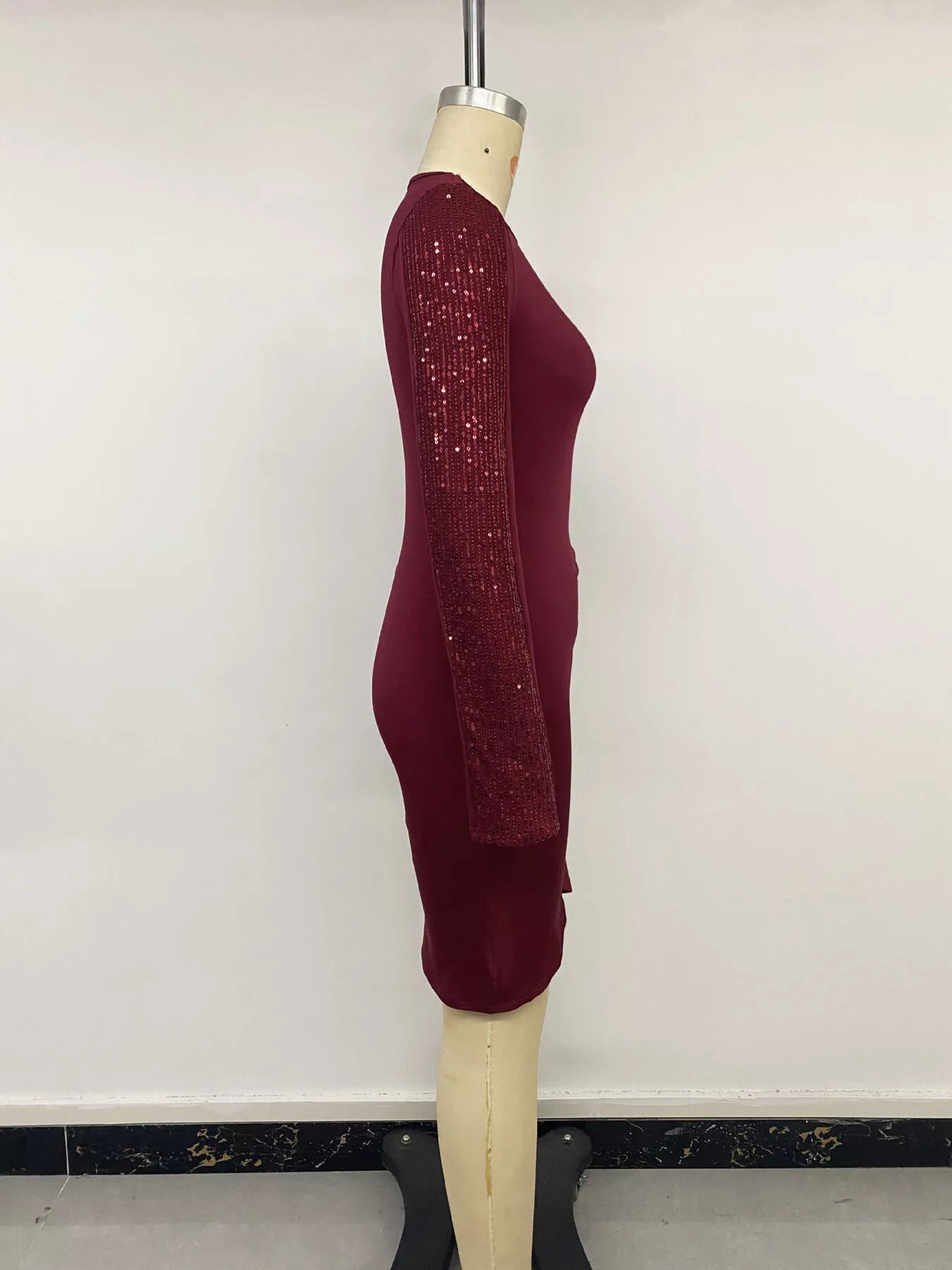 Trendsi Long-Sleeve Sequin-Trimmed Bodycon Dress -