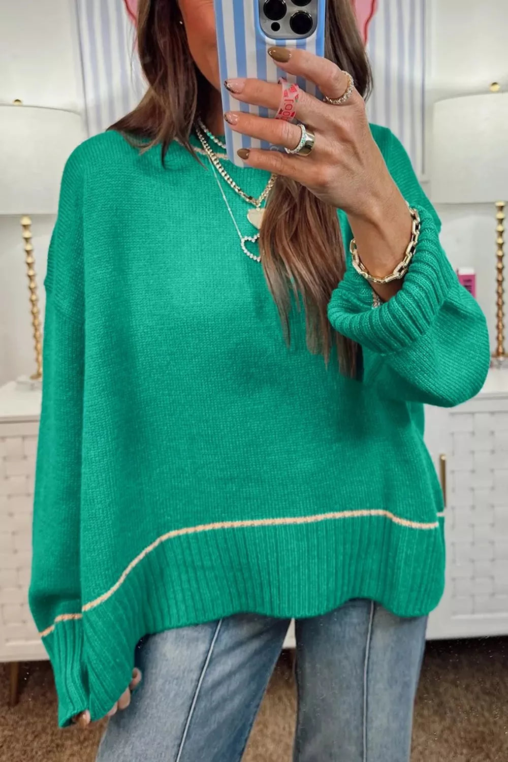 Trendsi Contrast Detail Drop Shoulder Baggy Sweater -