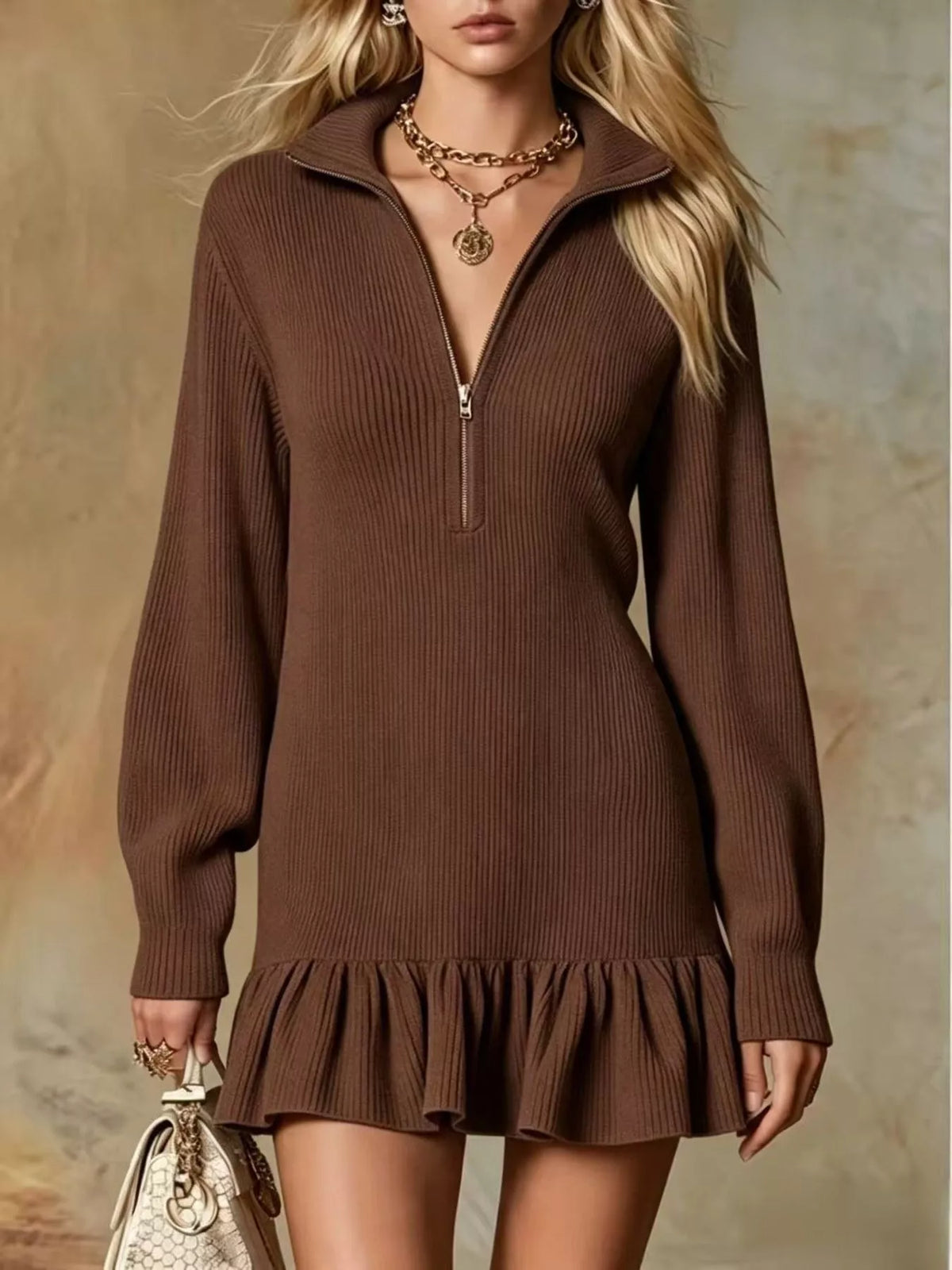 Brown half-zip ruffle-hem dress, front view