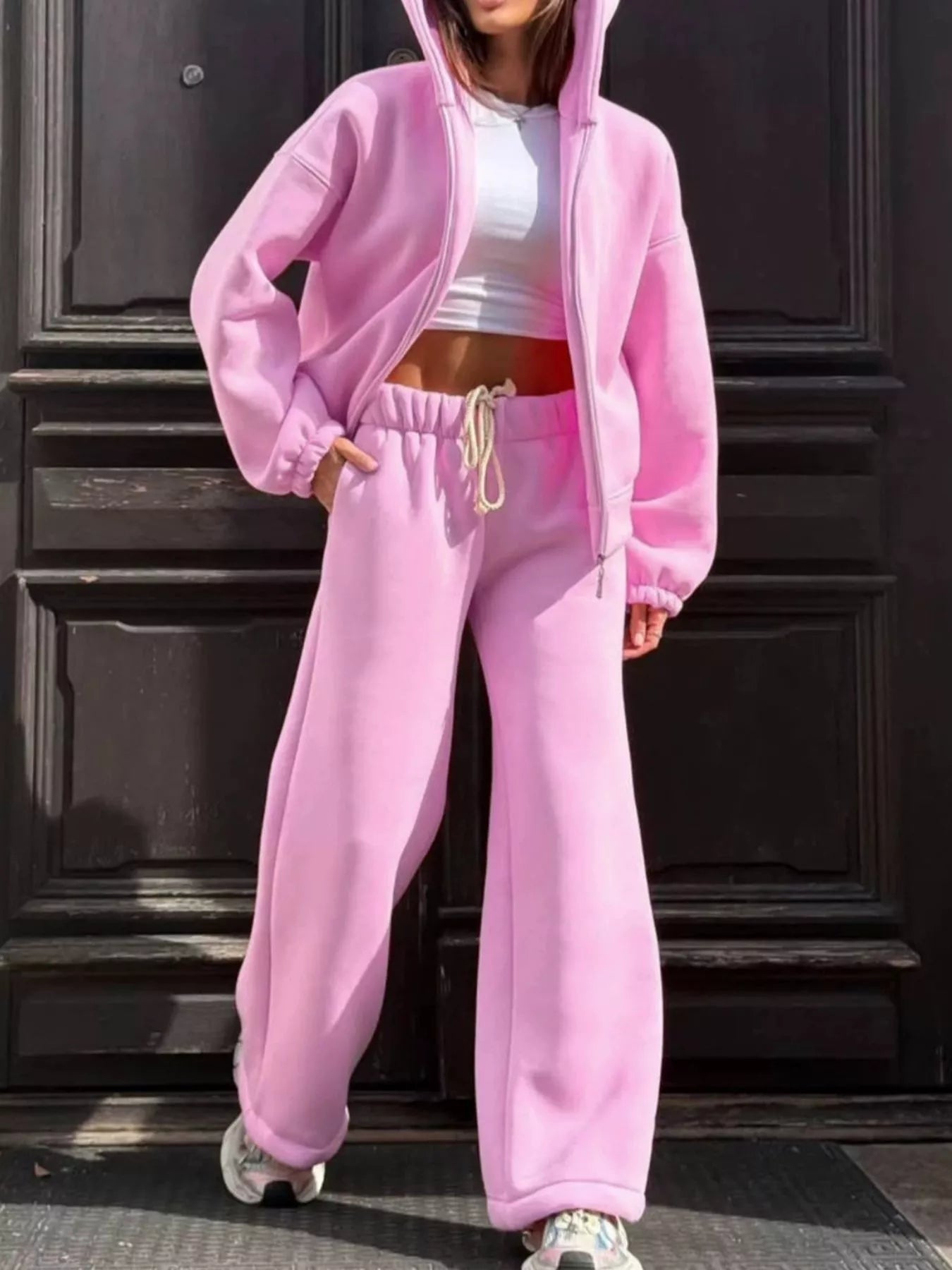 Trendsi Zip-Up Hoodie and Wide-Leg Sweatpants Set -