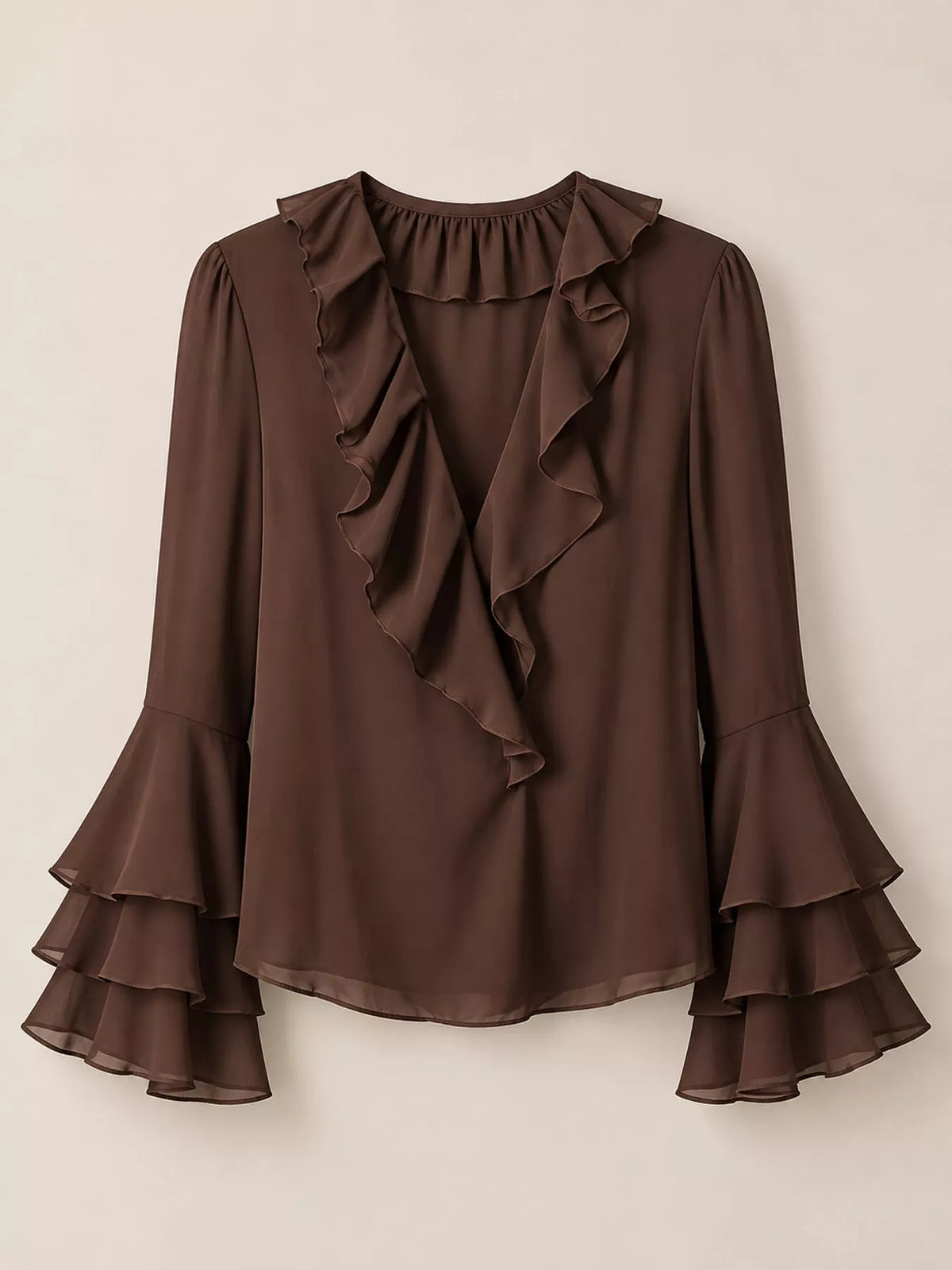 Brown ruffle-trim V-neck blouse with tiered bell sleeves