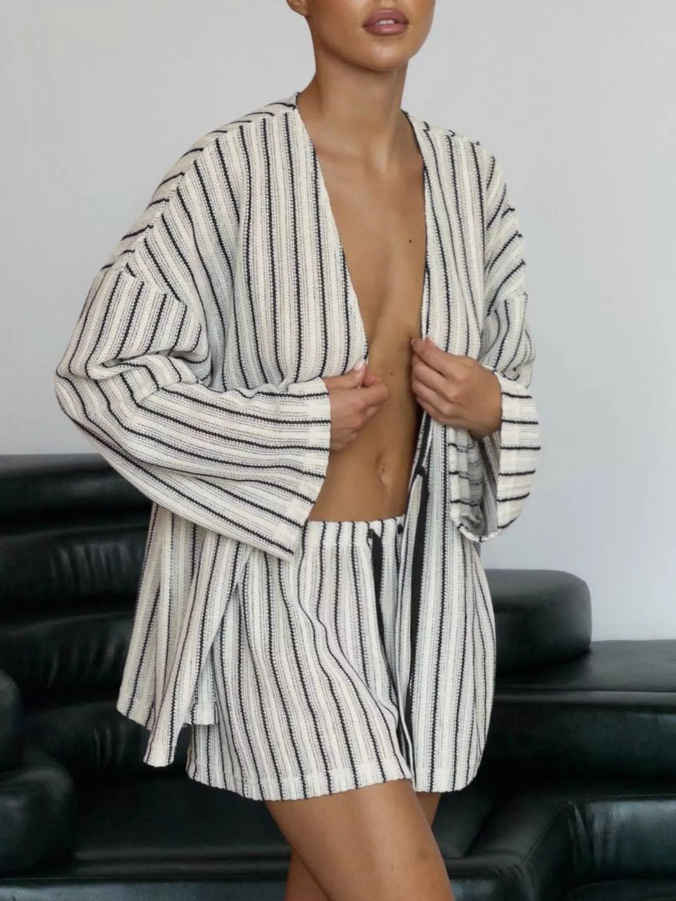 Trendsi Striped Tie Front Top and Shorts Lounge Set -