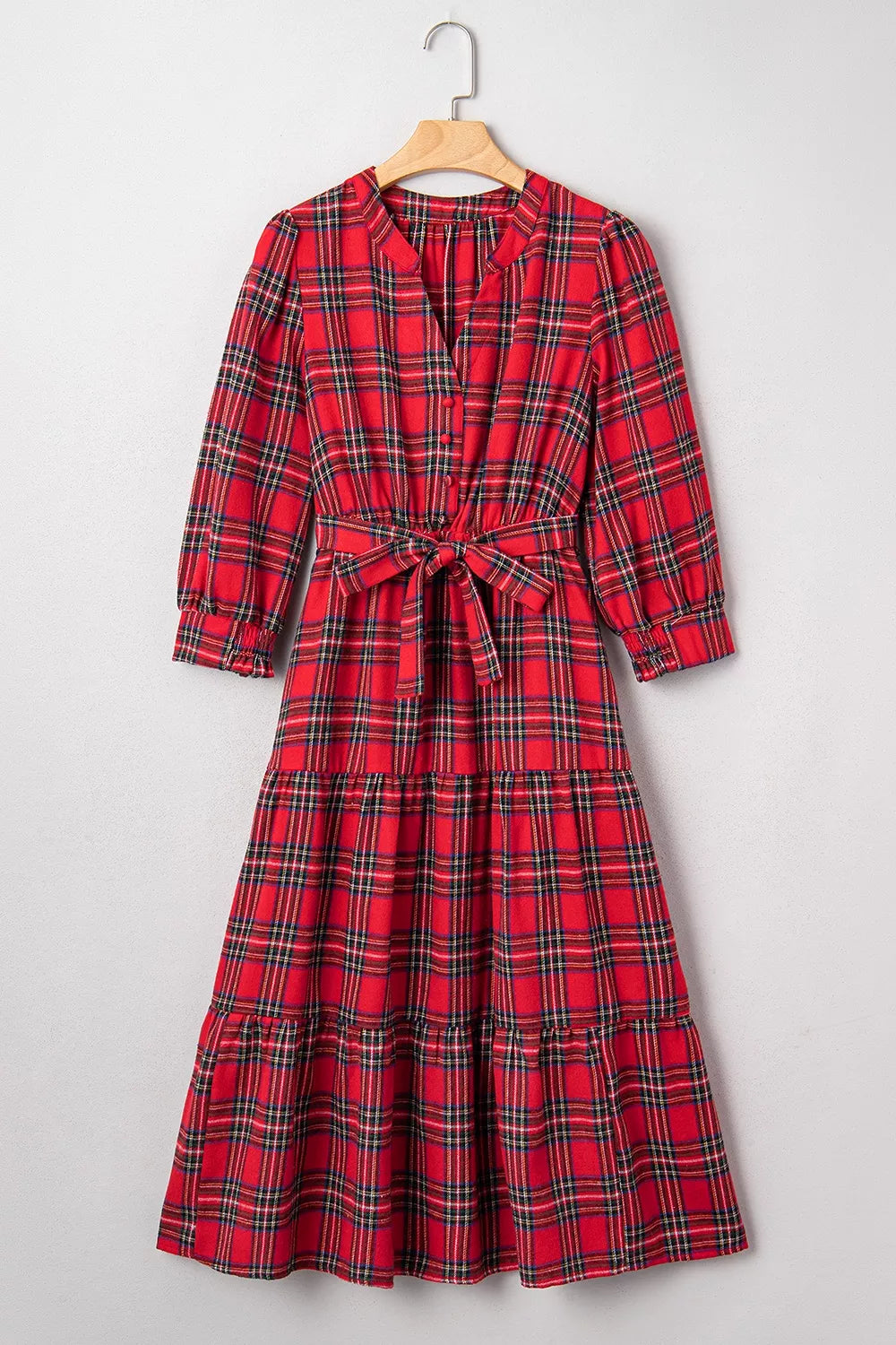 Trendsi Christmas Plaid V Neck 3/4 Sleeve Tie Waist Ruffle Hem Midi Dress -