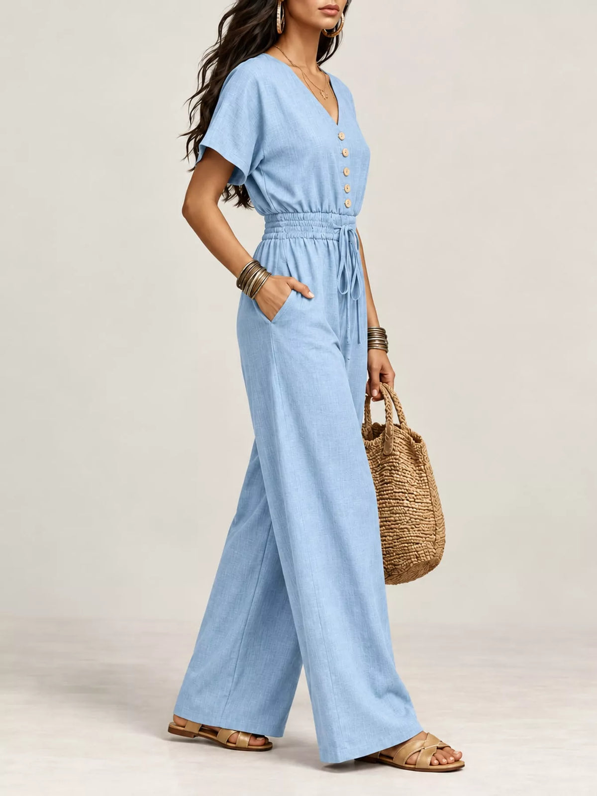 Wide-leg short-sleeve jumpsuit