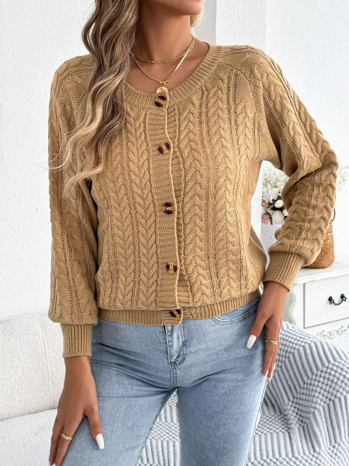 Khaki Color cable knit button-front cardigan