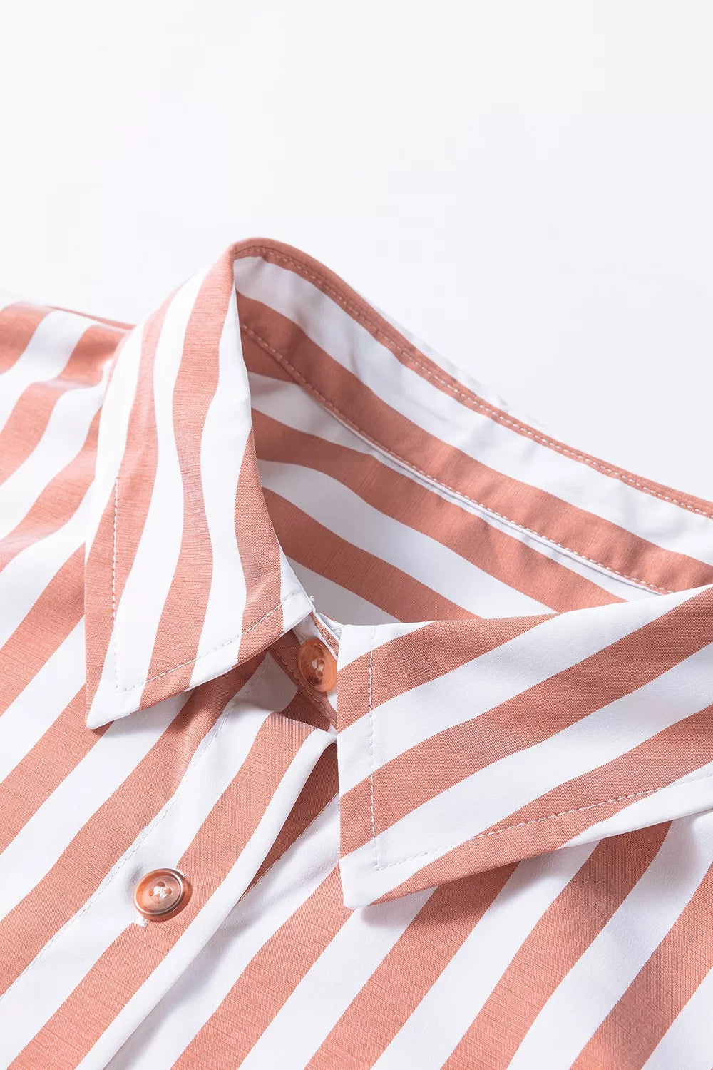 Women's pale blush striped button-front bracelet sleeve ruffle hem shirt