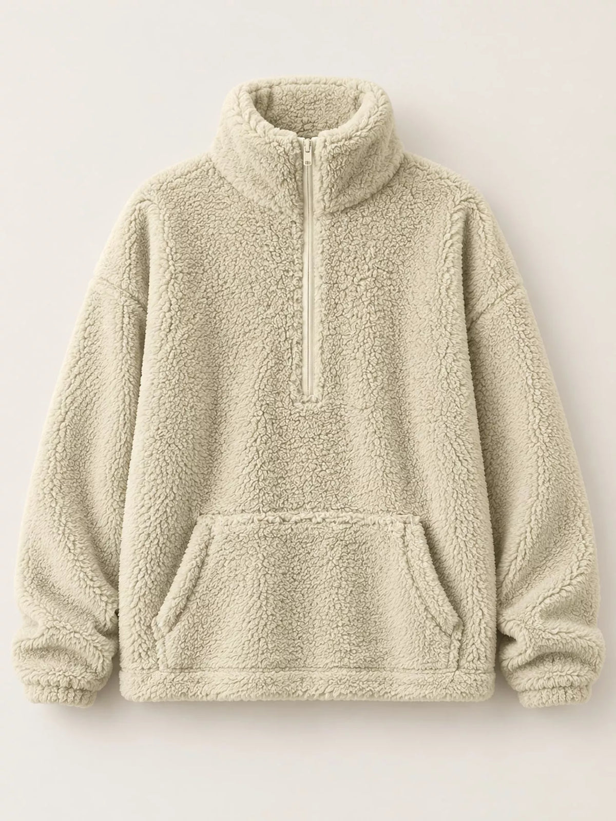 Sherpa quarter-zip sweatshirt, cream hanging front