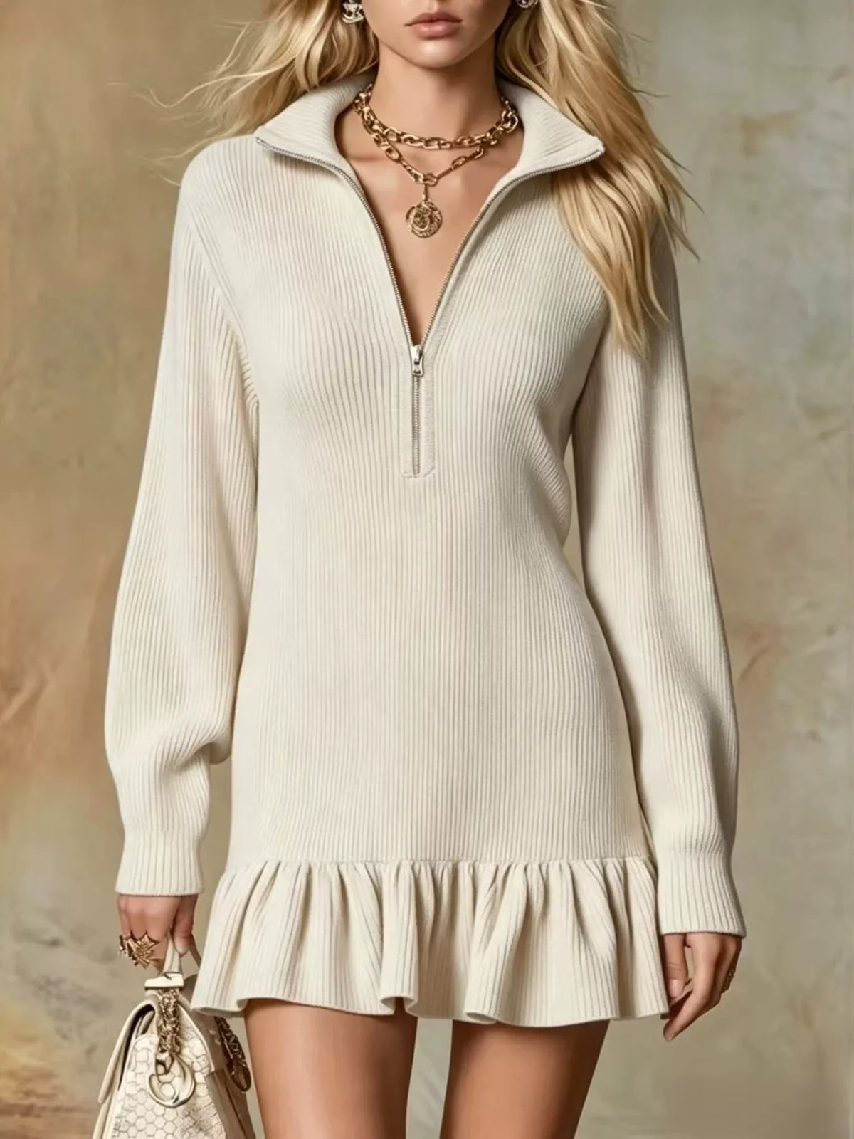 Half Zip Ruffled Hem Dress, front view