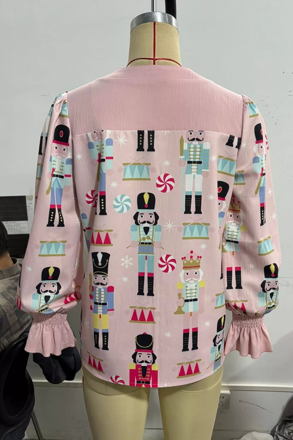 Trendsi Nutcracker Print Notched Flounce Sleeve Blouse -