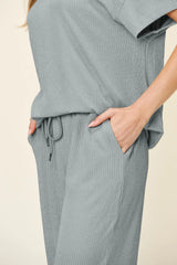 Trendsi Double Take Full Size Texture Round Neck Short Sleeve T-Shirt and Wide Leg Pants -