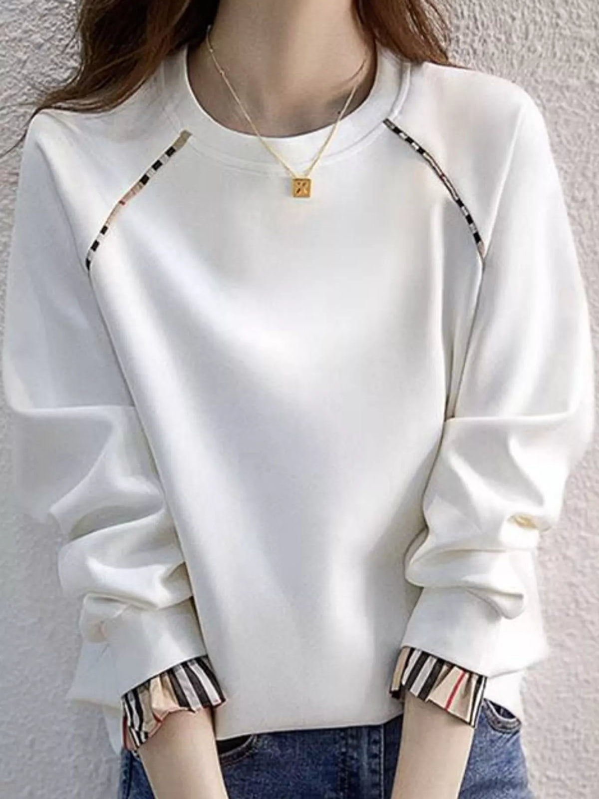 Plaid-trim sweatshirt, white front