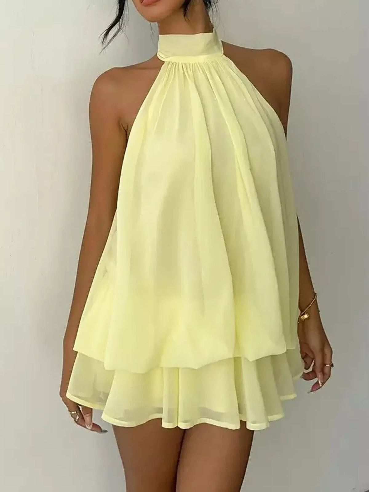 Yellow halter neck chiffon mini dress