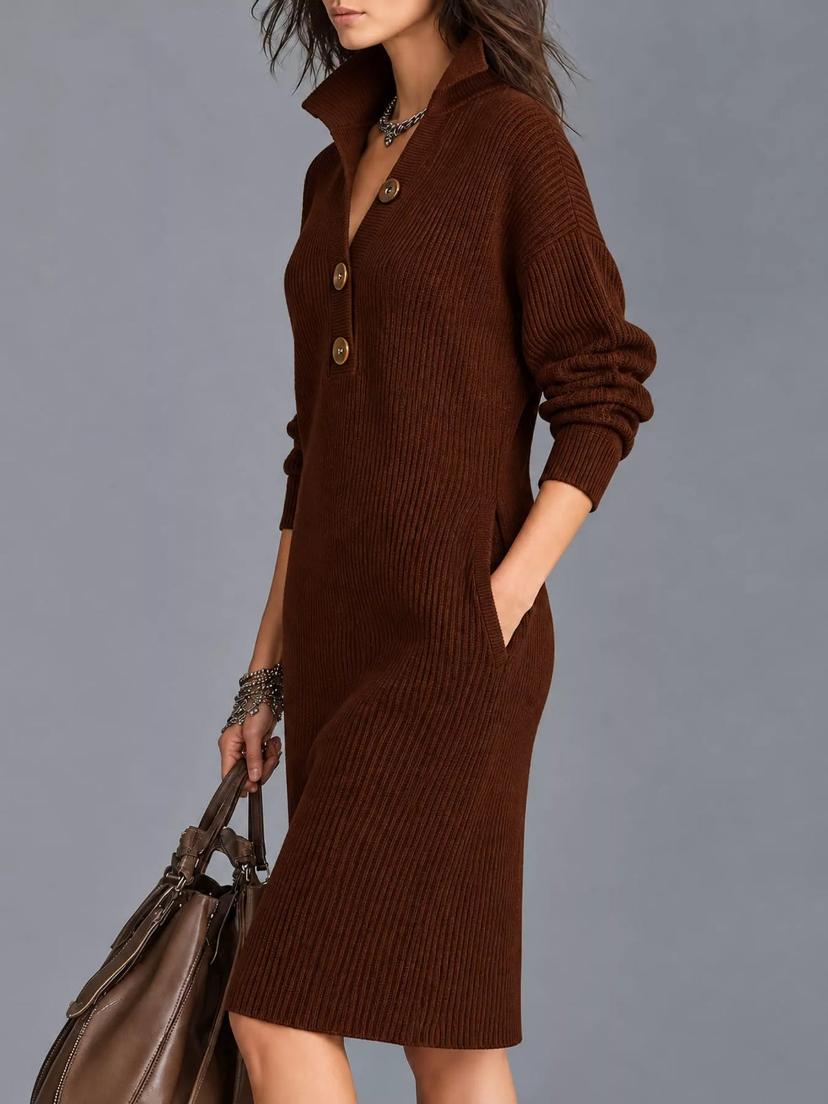 Collared long sleeve knee dress, side view
