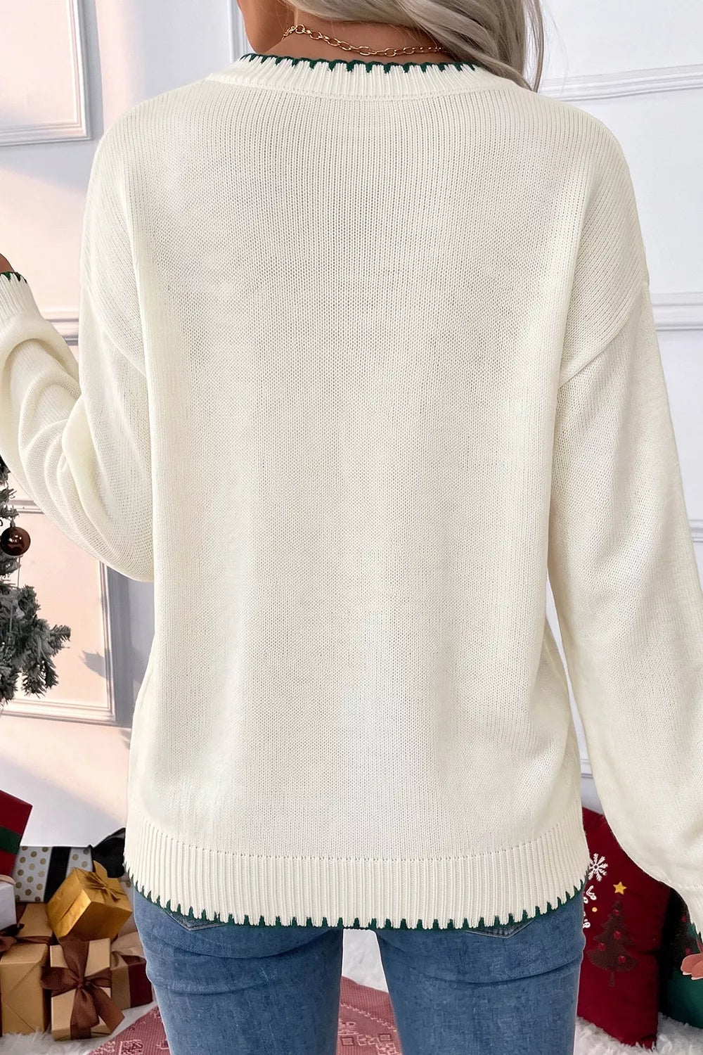 Trendsi Stitched Detail Christmas Tree Holiday Casual Sweater -
