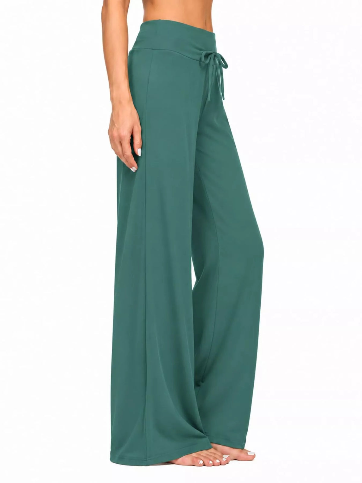 Teal drawstring wide-leg pants — side view