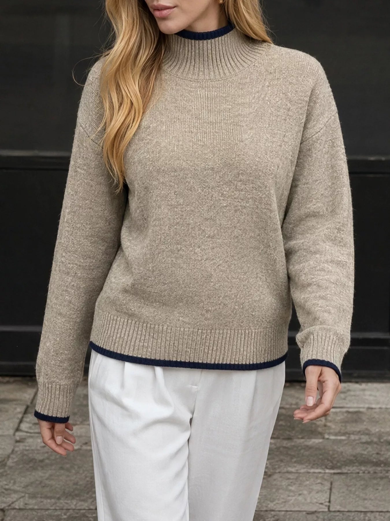 Trendsi Cozy Mock Neck Sweater with Contrast Trim -